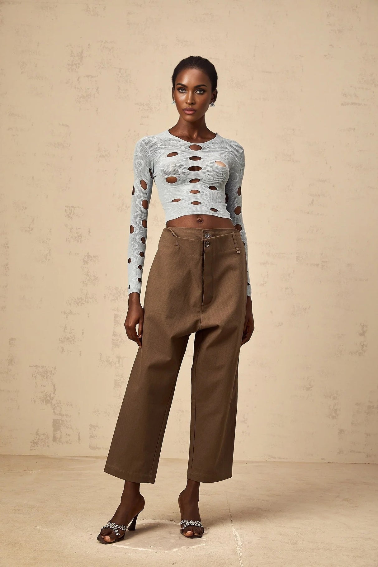 Simona Trousers with Modern Cutout Design in Brown
