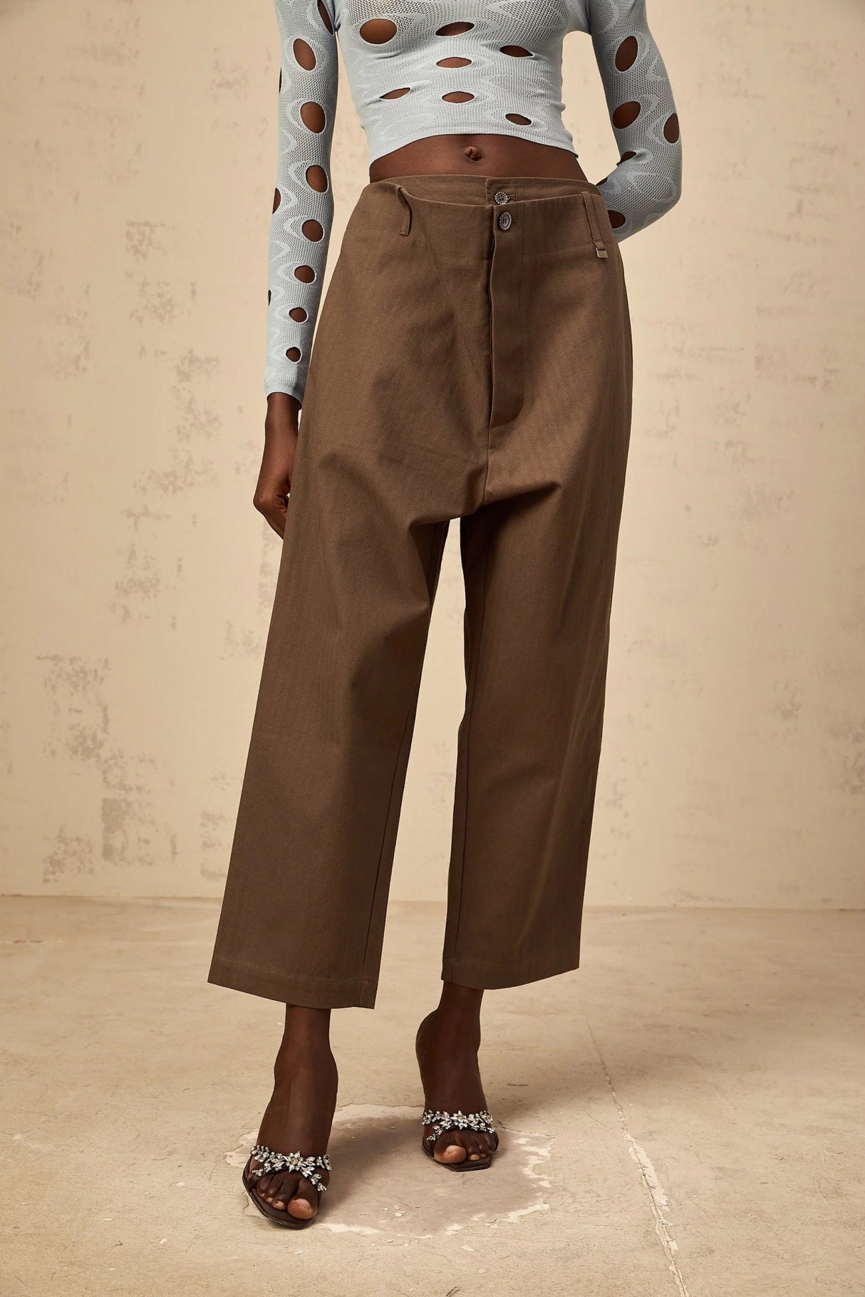 Simona Trousers with Modern Cutout Design in Brown