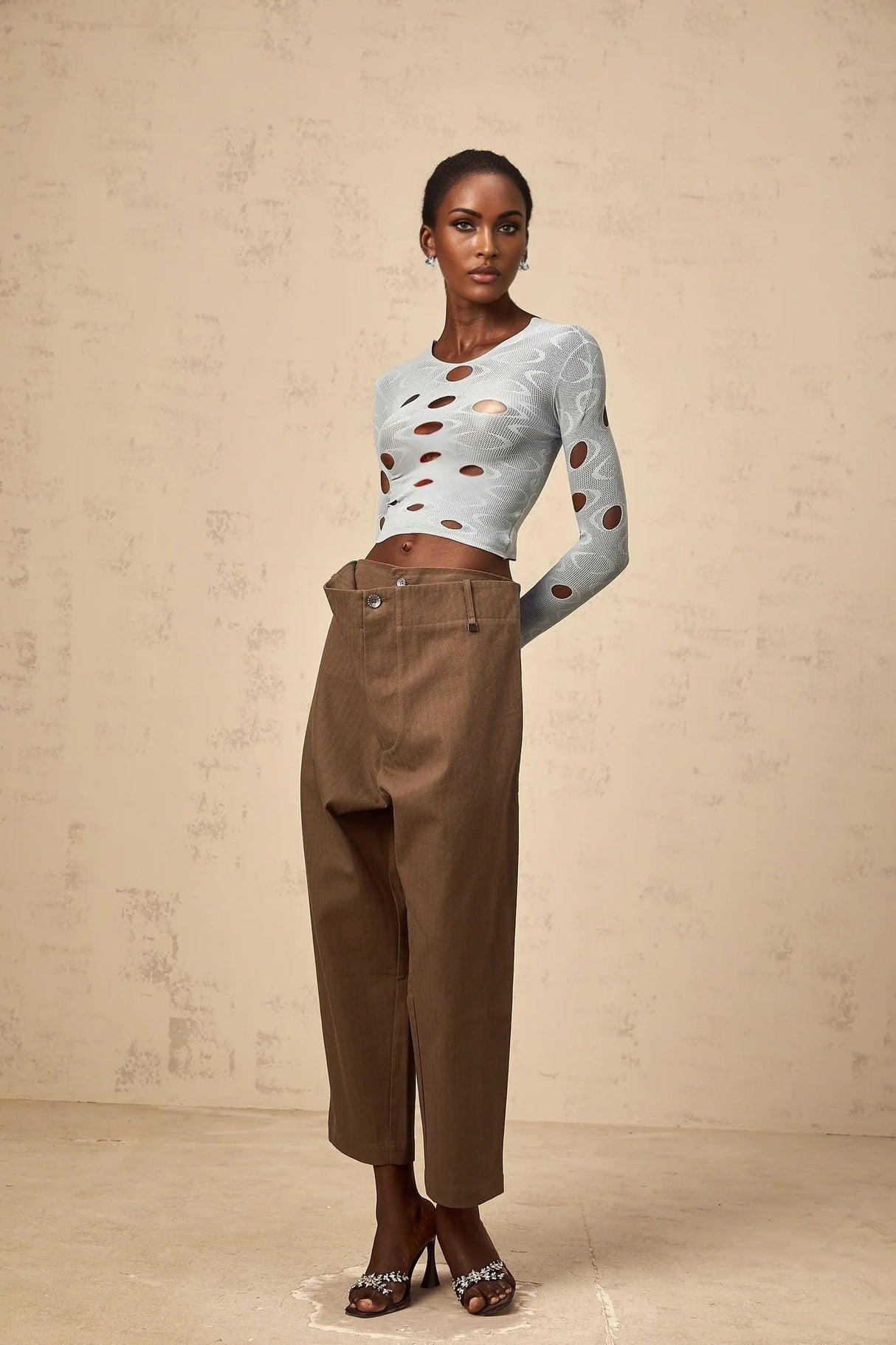 Simona Trousers with Modern Cutout Design in Brown