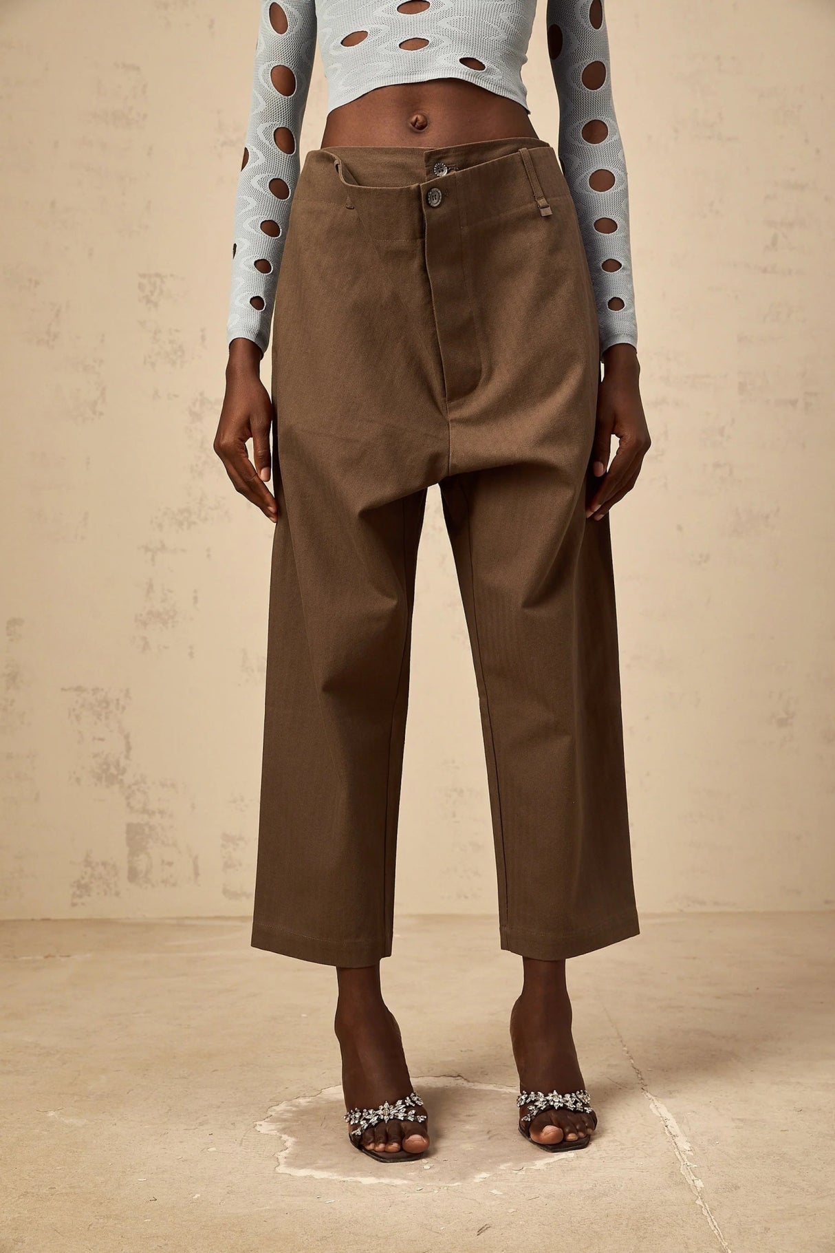 Simona Trousers with Modern Cutout Design in Brown