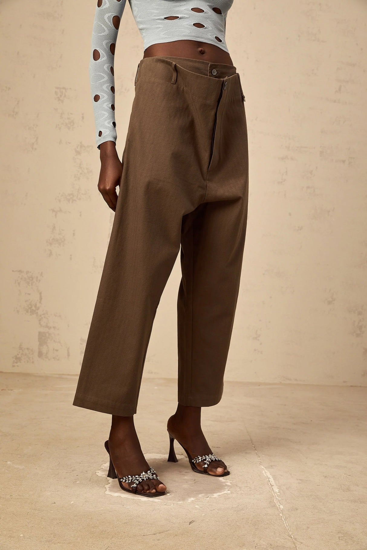 Simona Trousers with Modern Cutout Design in Brown