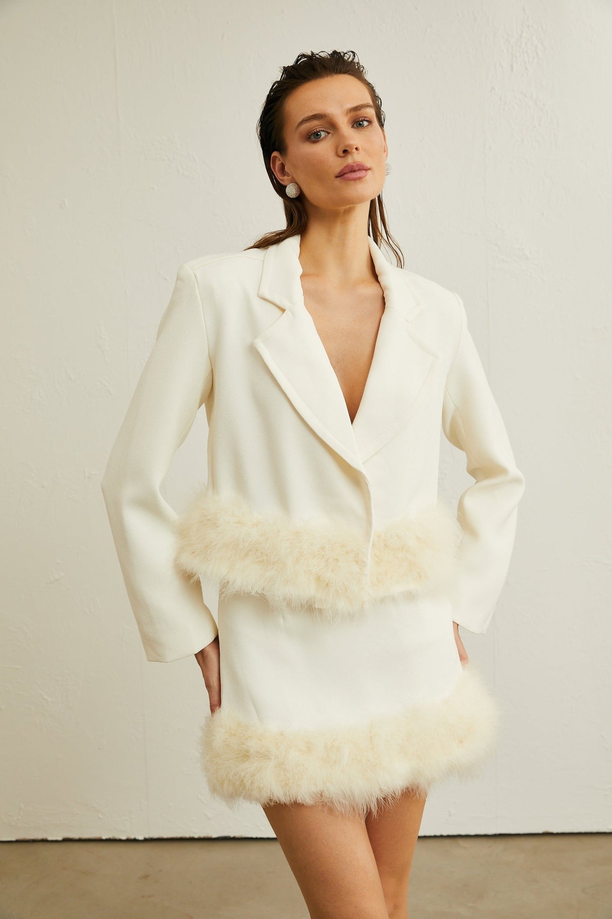 Simonetta Blazer & Skirt Feather Hem White Blazer