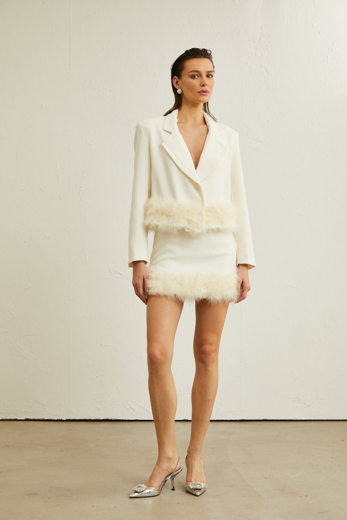 Simonetta Blazer & Skirt Feather Hem White Blazer