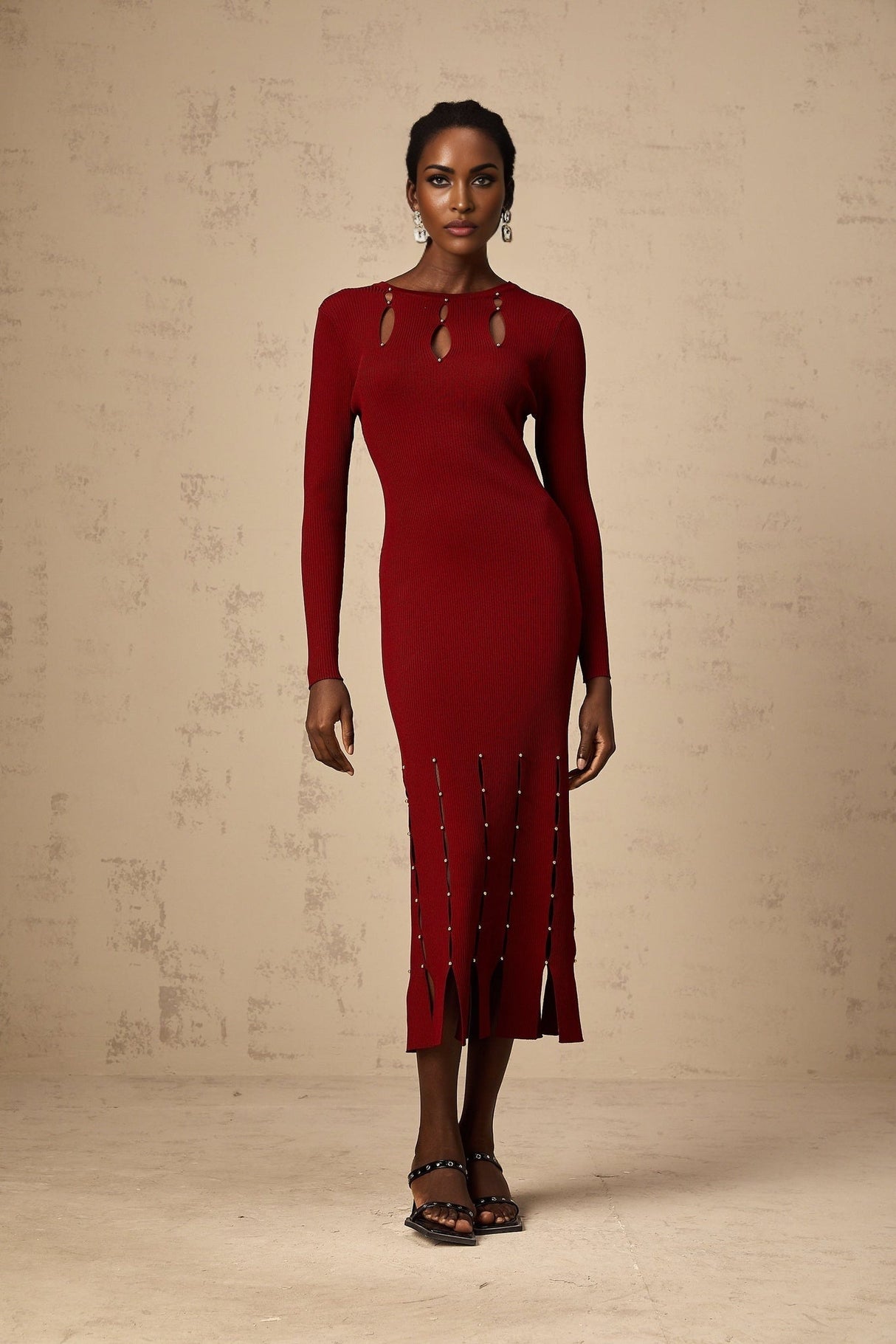 Simonetta Long Sleeve Midi Dress in Vibrant Red with Beaded Detail & Unique CutOuts