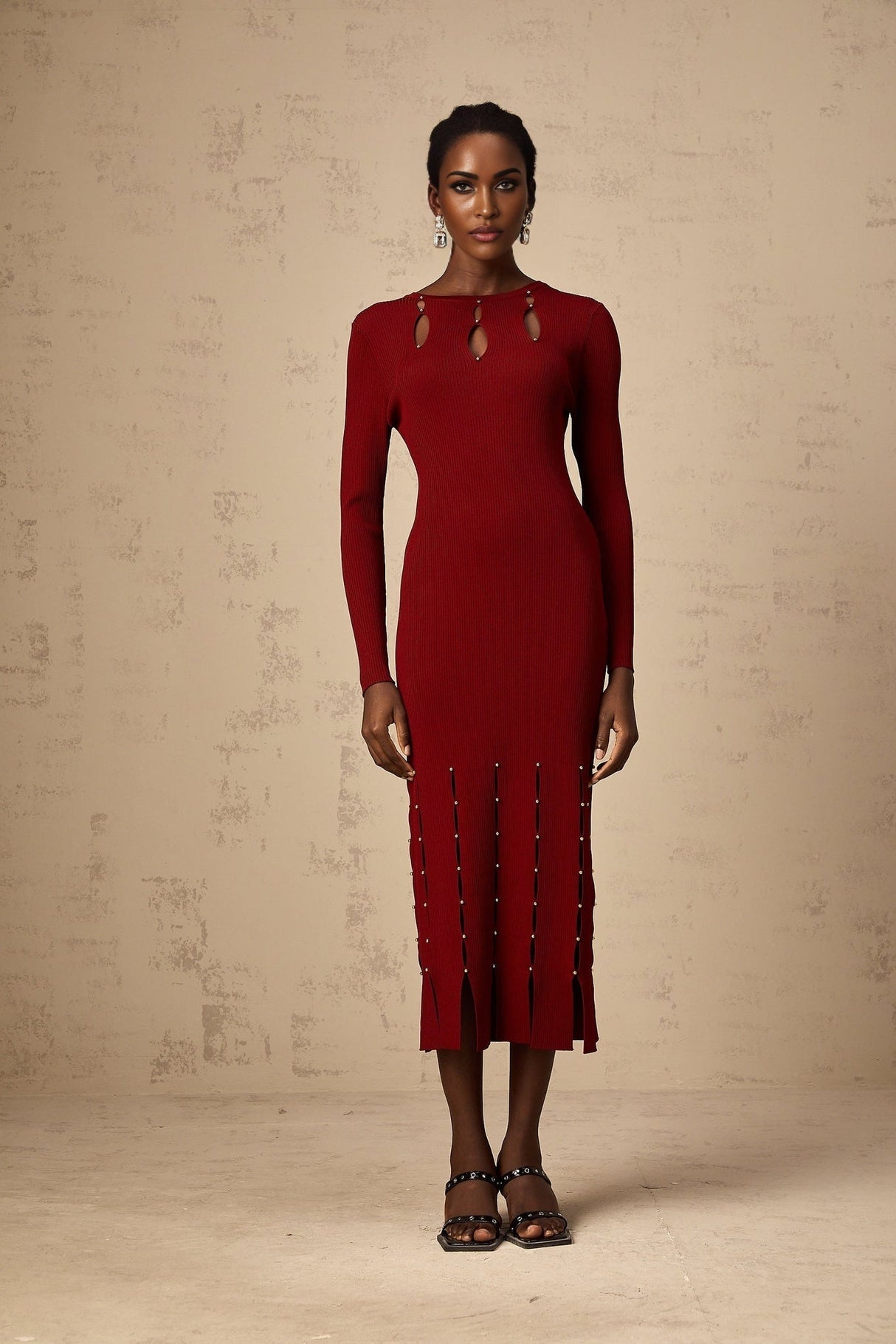 Simonetta Long Sleeve Midi Dress in Vibrant Red with Beaded Detail & Unique CutOuts