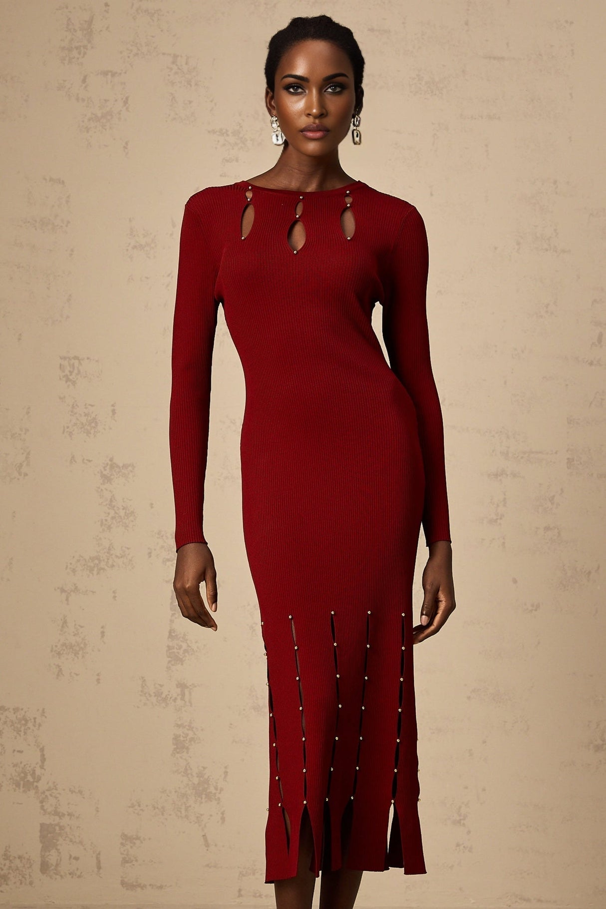 Simonetta Long Sleeve Midi Dress in Vibrant Red with Beaded Detail & Unique CutOuts