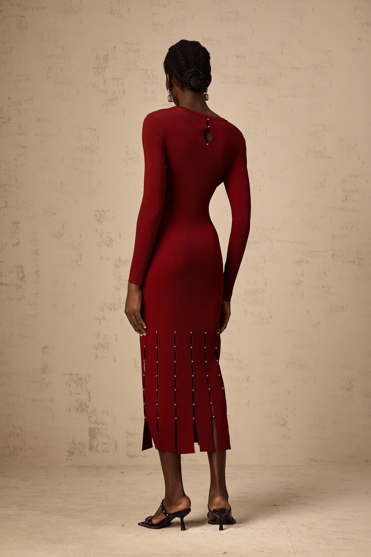 Simonetta Long Sleeve Midi Dress in Vibrant Red with Beaded Detail & Unique CutOuts