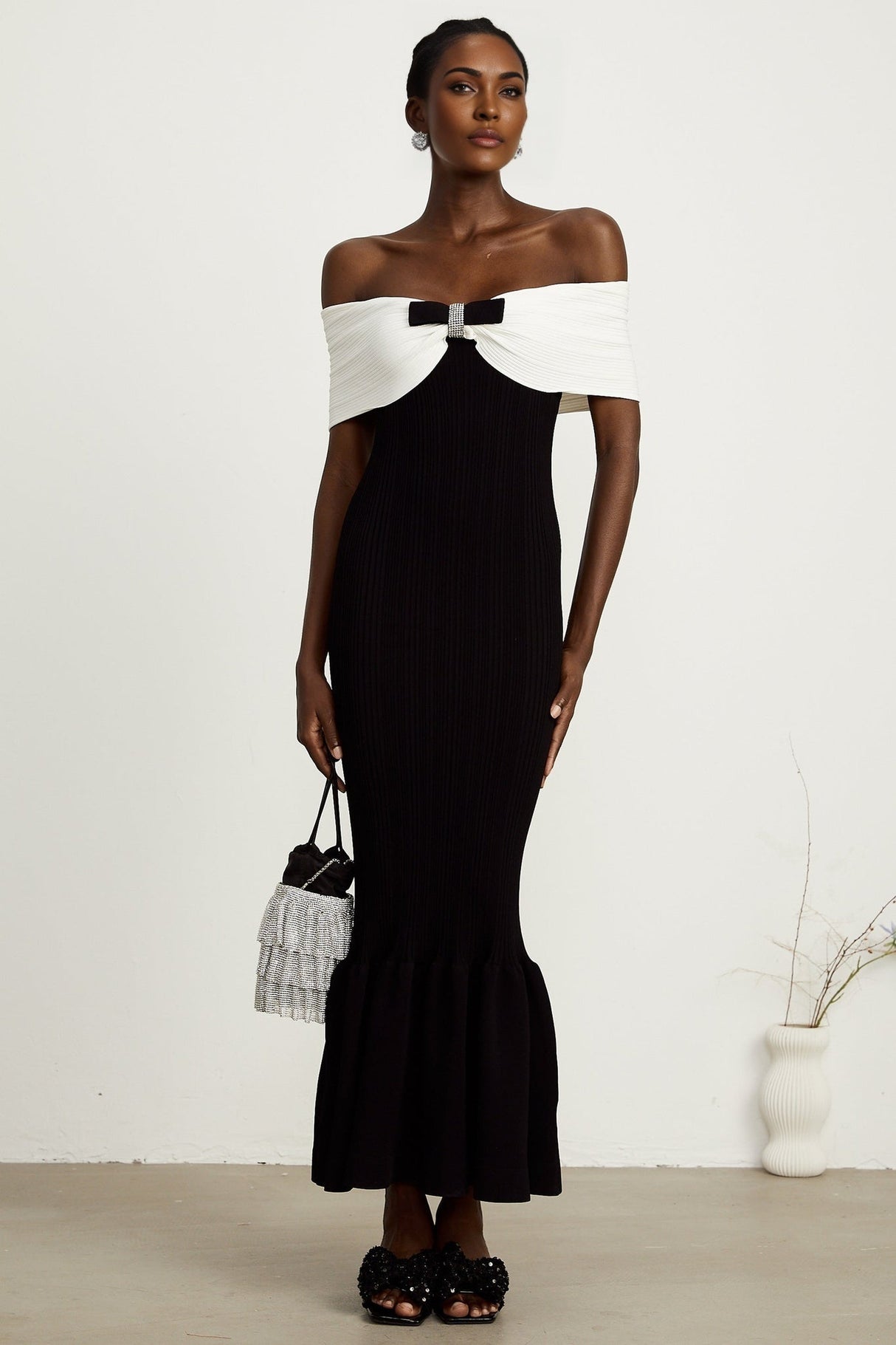 Simonetta Maxi Dress in Black & White with Crystal Embellished Bow Details