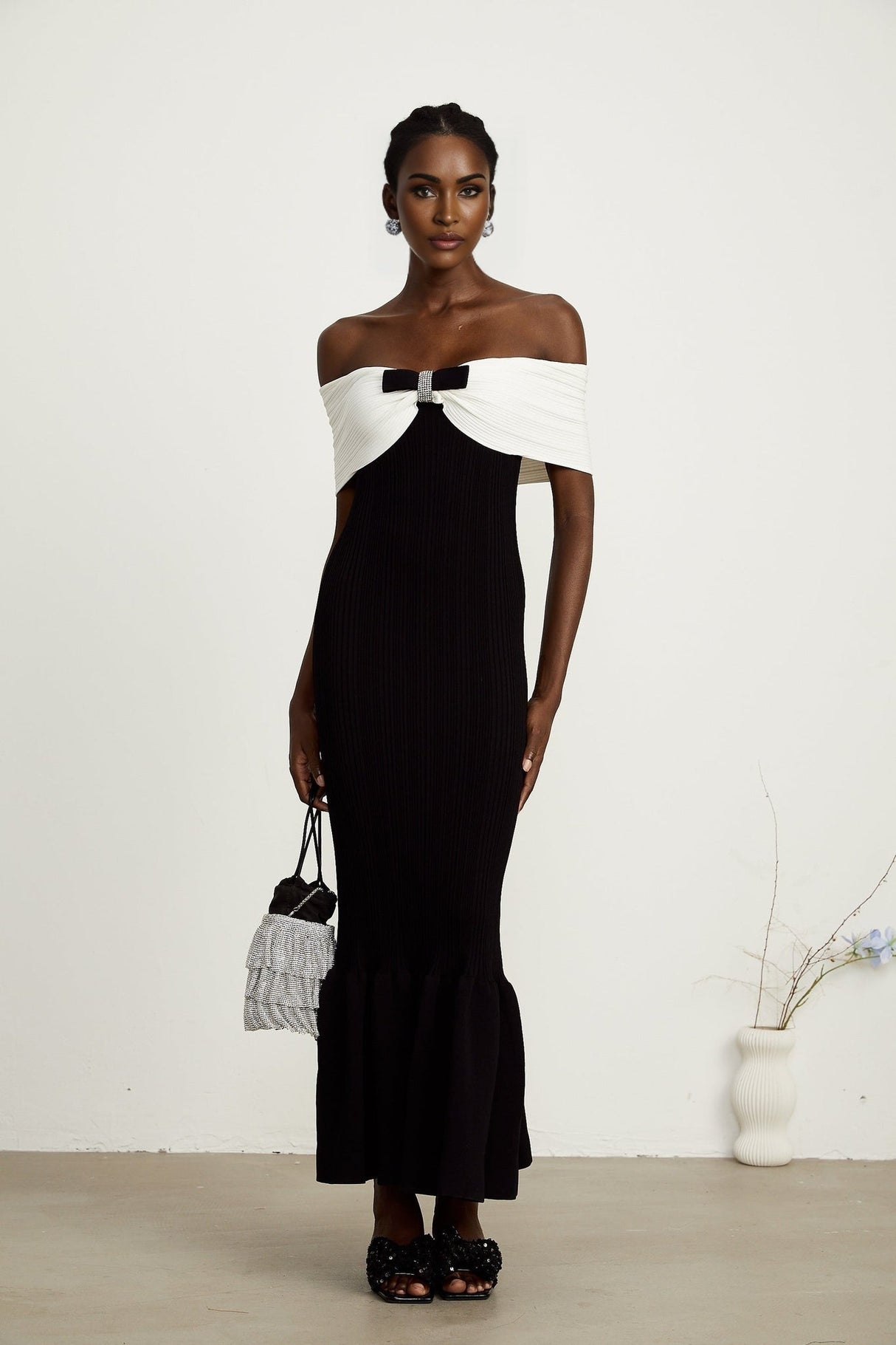 Simonetta Maxi Dress in Black & White with Crystal Embellished Bow Details