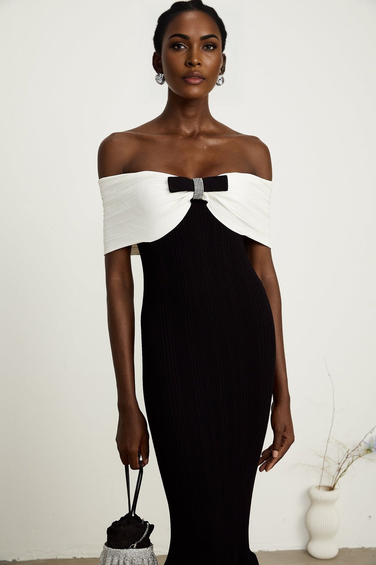 Simonetta Maxi Dress in Black & White with Crystal Embellished Bow Details