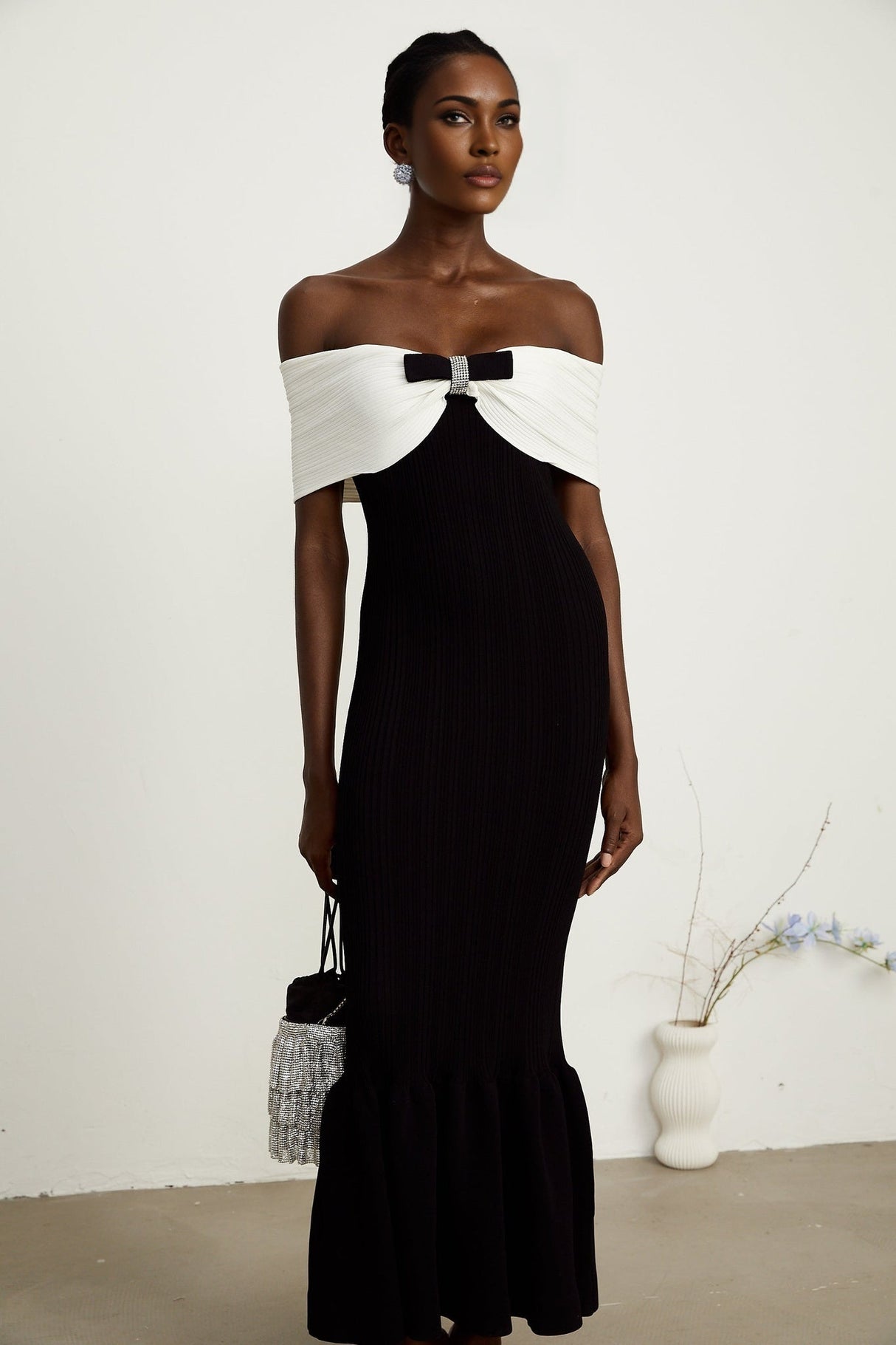 Simonetta Maxi Dress in Black & White with Crystal Embellished Bow Details