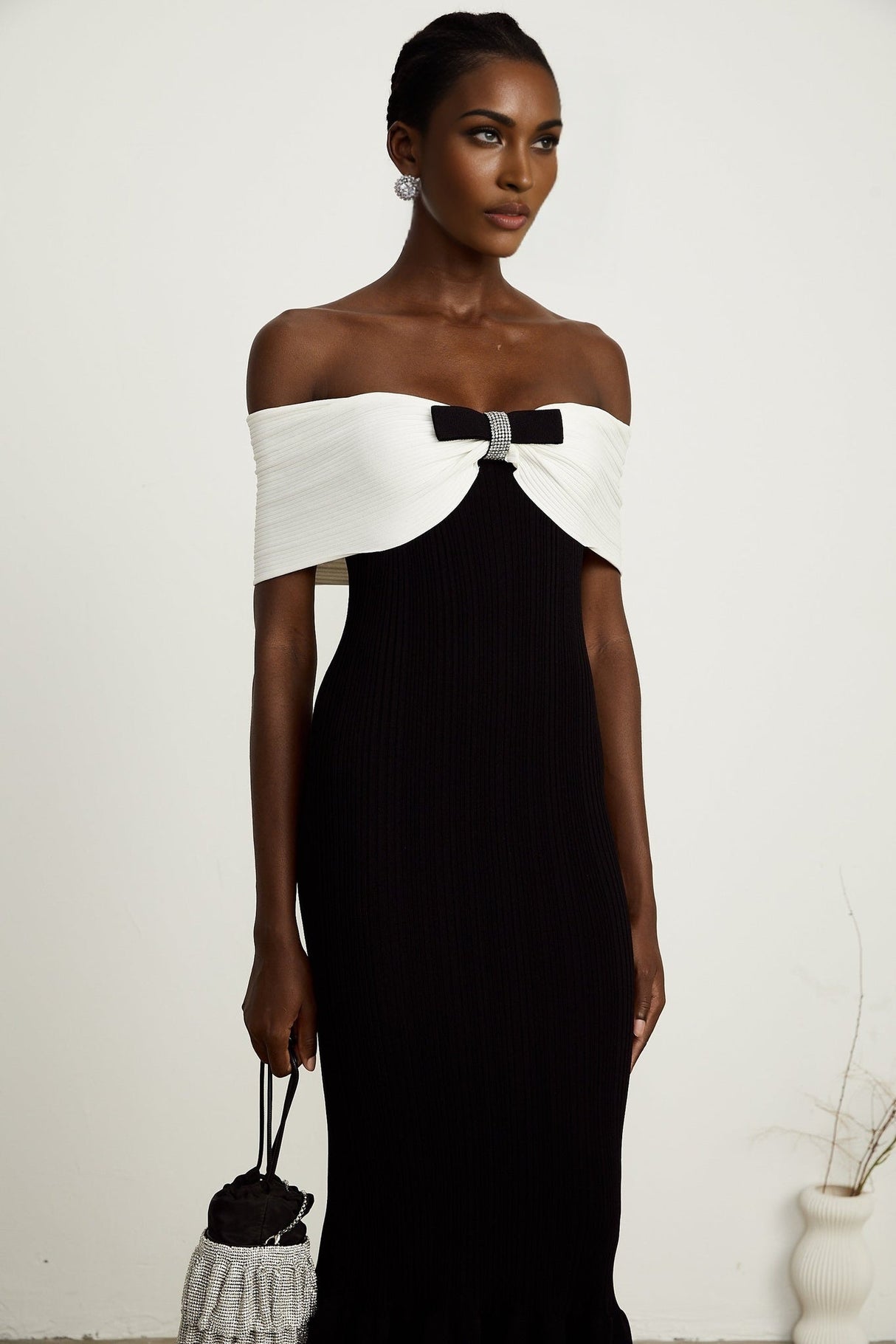 Simonetta Maxi Dress in Black & White with Crystal Embellished Bow Details