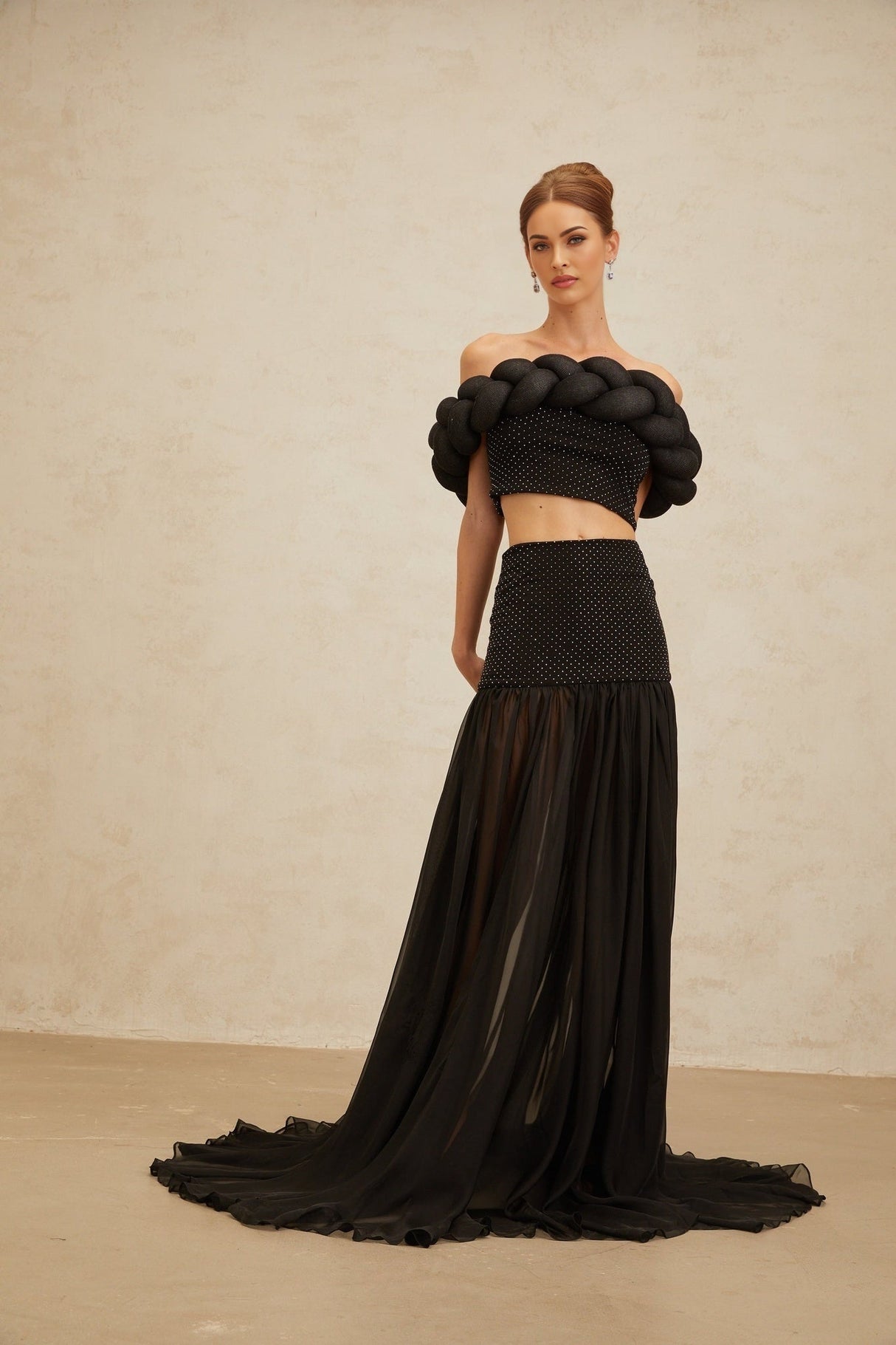 Simonetta Maxi Skirt - High Rise - Rhinestone Embellishment - Tulle Paneling - Shirred Effect - Train Design