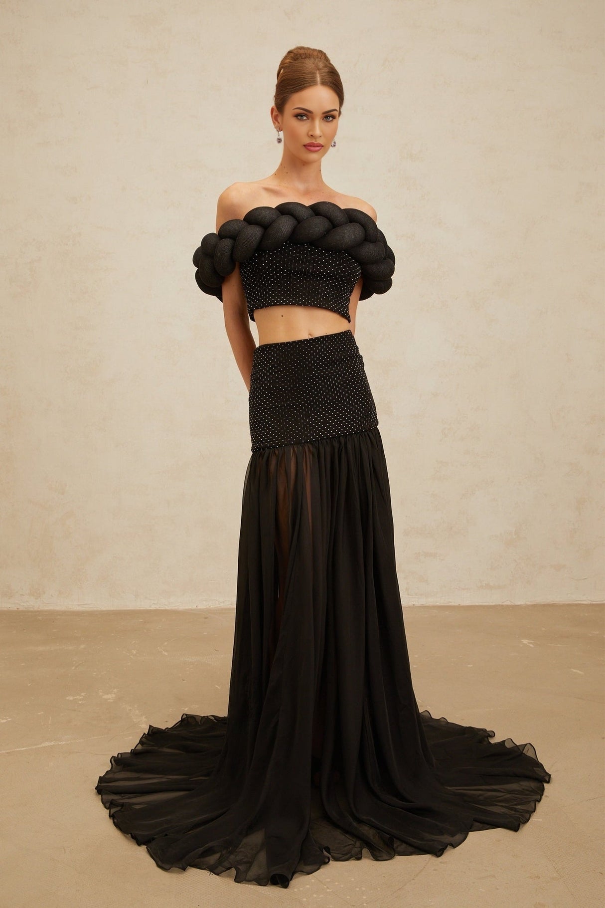 Simonetta Maxi Skirt - High Rise - Rhinestone Embellishment - Tulle Paneling - Shirred Effect - Train Design