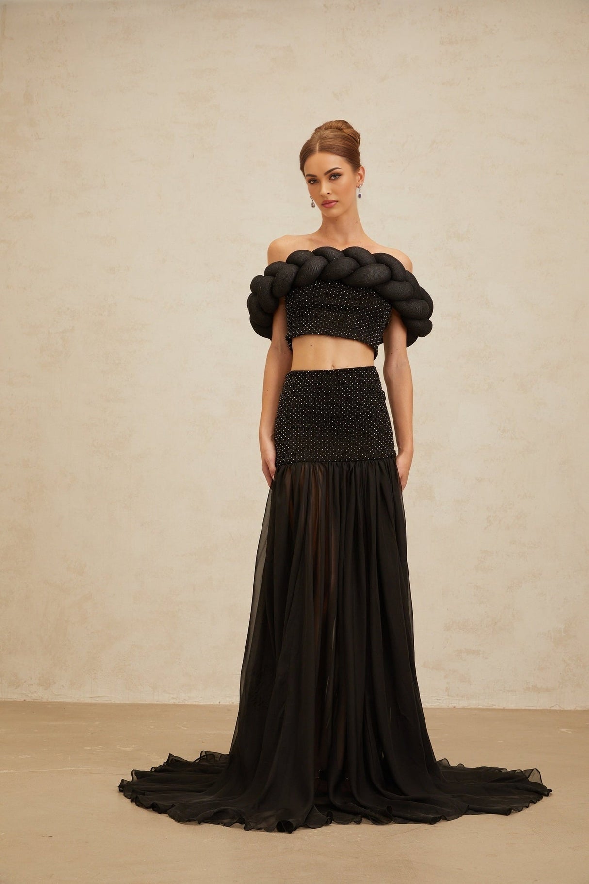 Simonetta Maxi Skirt - High Rise - Rhinestone Embellishment - Tulle Paneling - Shirred Effect - Train Design