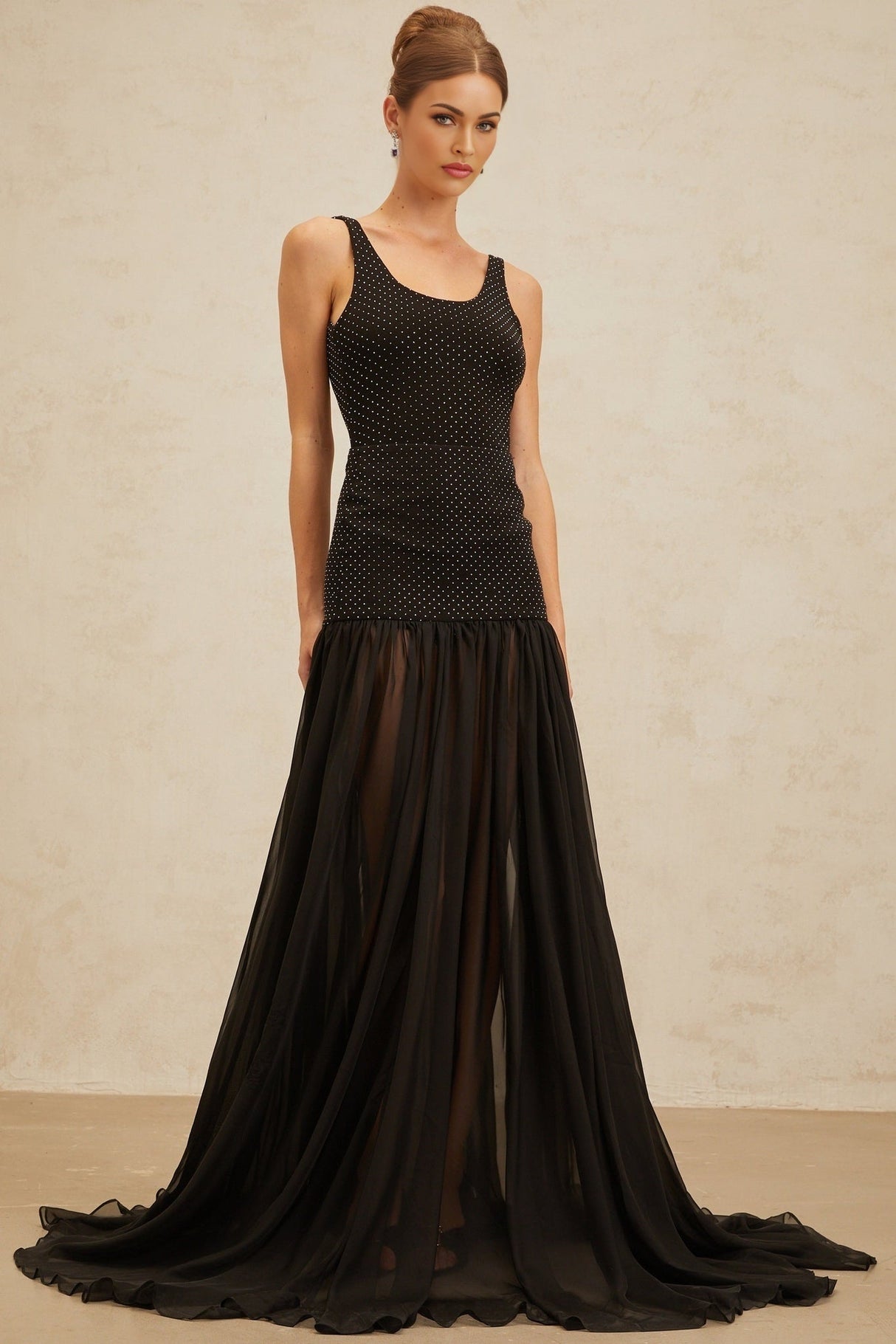Simonetta Maxi Skirt - High Rise - Rhinestone Embellishment - Tulle Paneling - Shirred Effect - Train Design