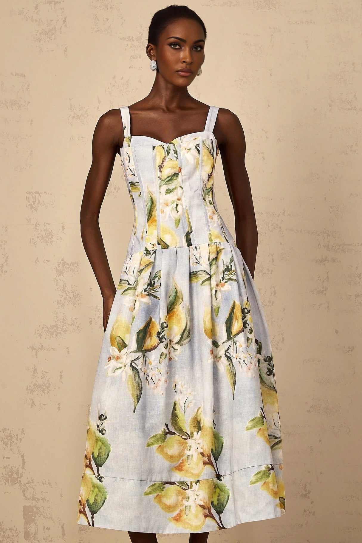 Simonetta Midi Dress Blue Floral Shirred Panel Zip Fastening