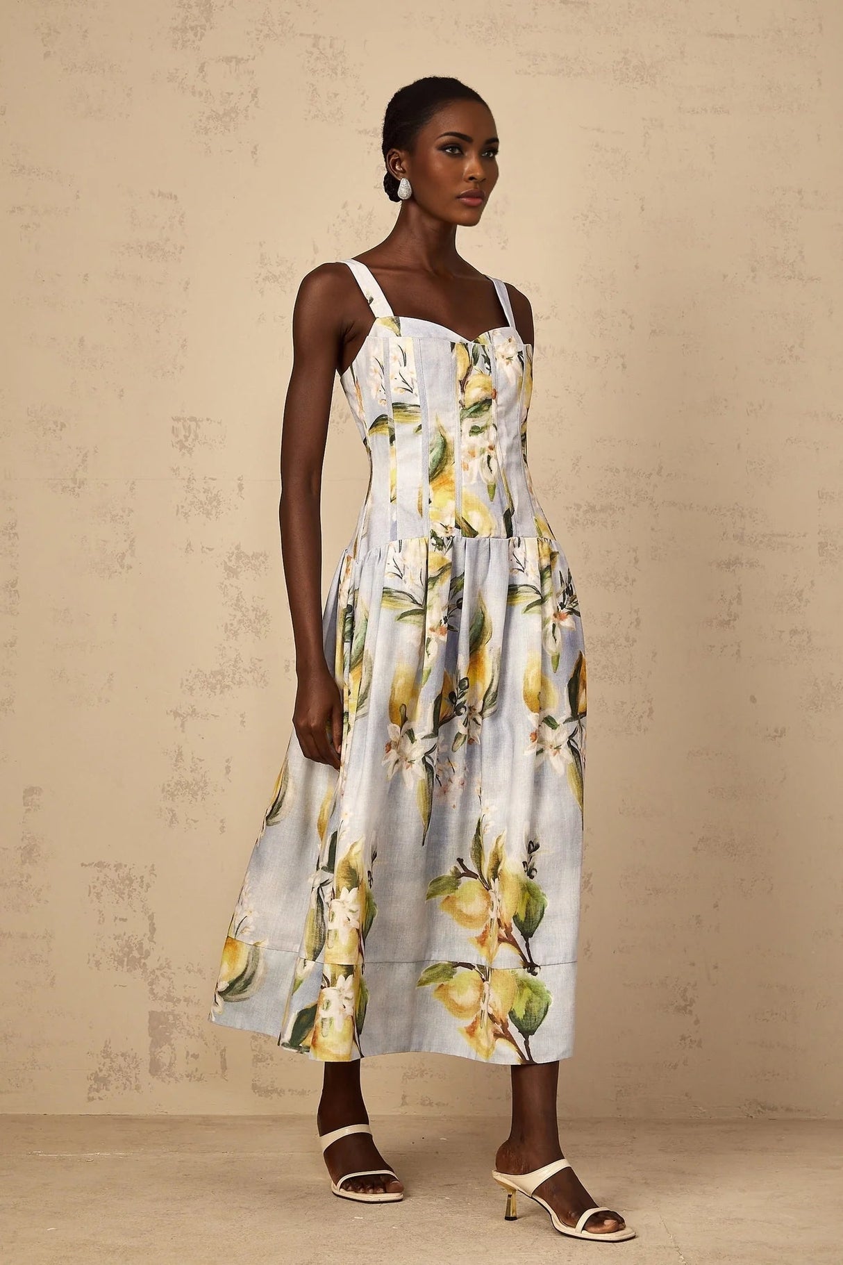 Simonetta Midi Dress Blue Floral Shirred Panel Zip Fastening