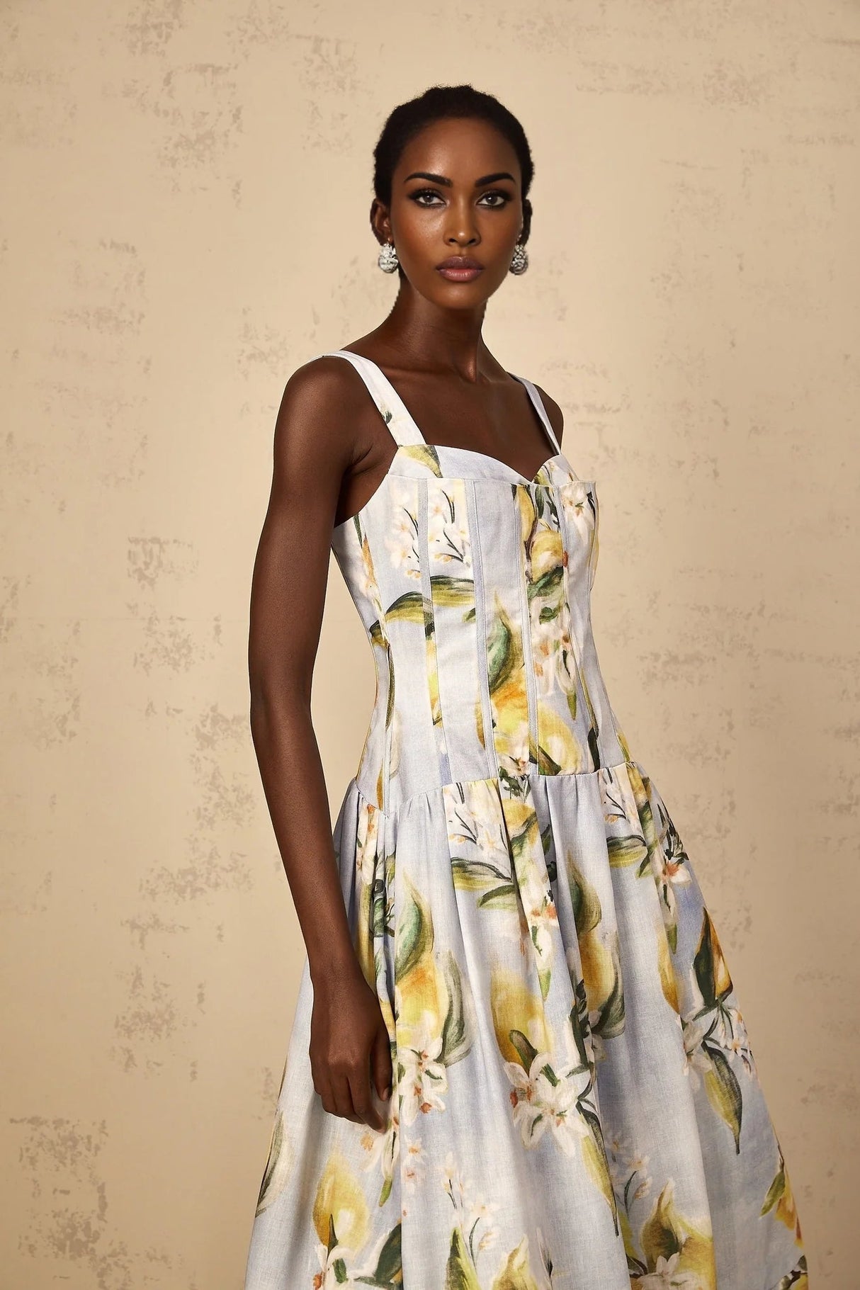 Simonetta Midi Dress Blue Floral Shirred Panel Zip Fastening