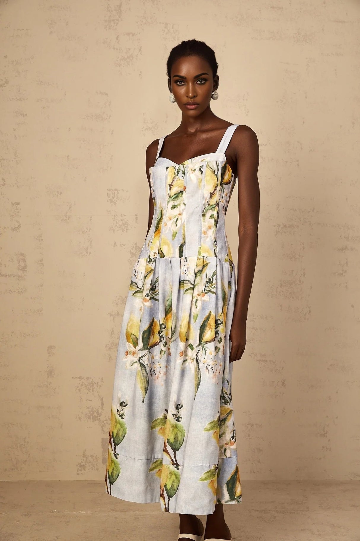 Simonetta Midi Dress Blue Floral Shirred Panel Zip Fastening