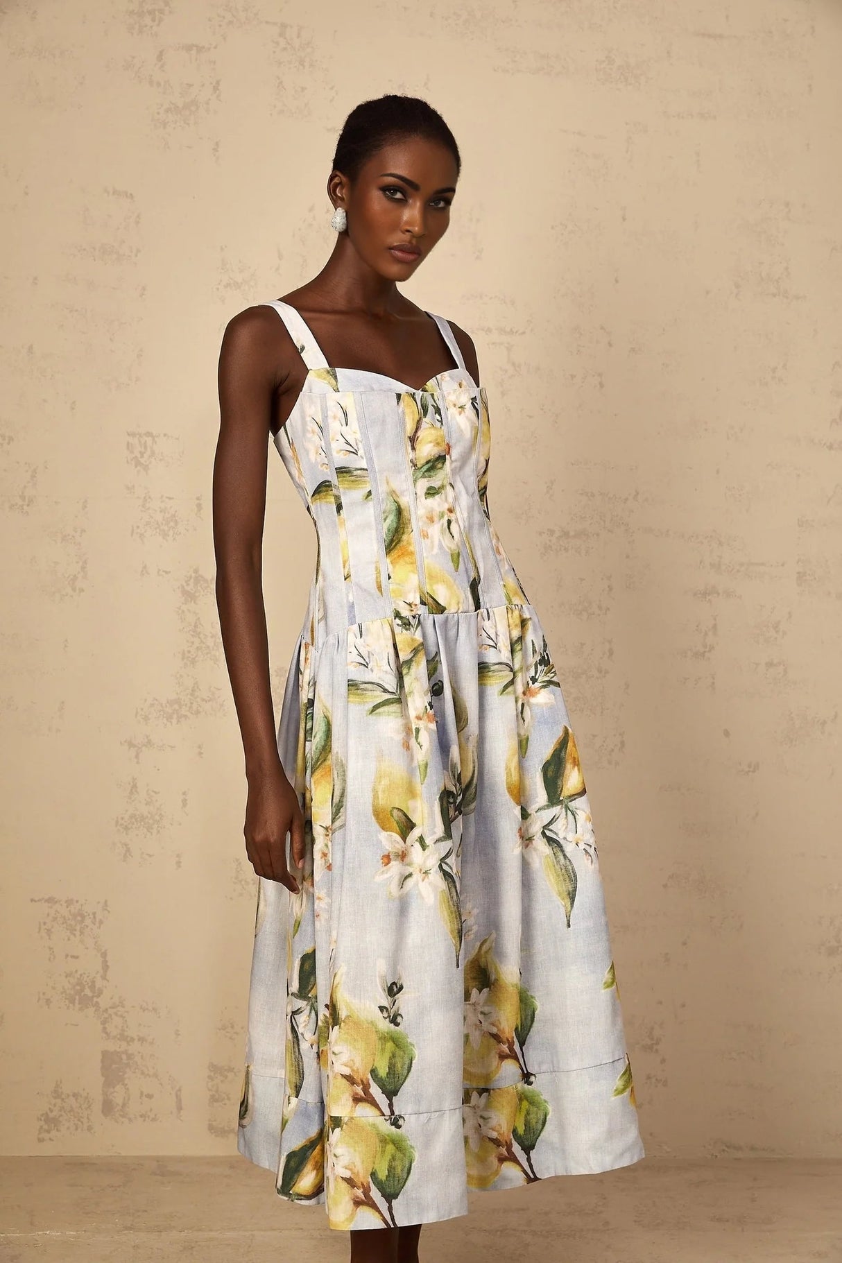 Simonetta Midi Dress Blue Floral Shirred Panel Zip Fastening