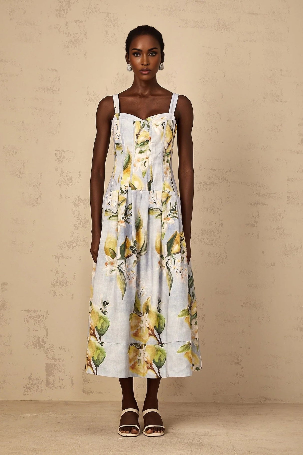 Simonetta Midi Dress Blue Floral Shirred Panel Zip Fastening