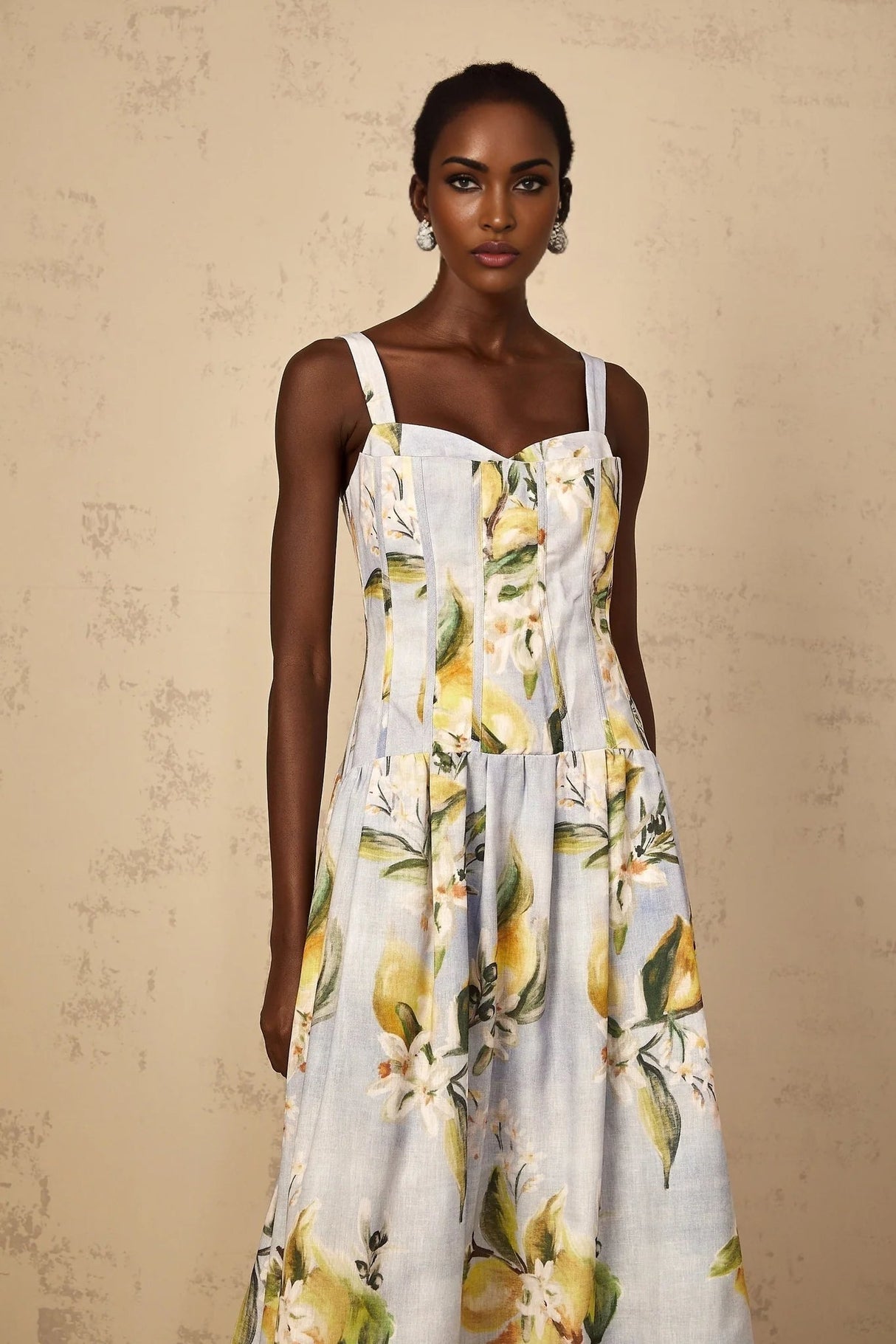 Simonetta Midi Dress Blue Floral Shirred Panel Zip Fastening