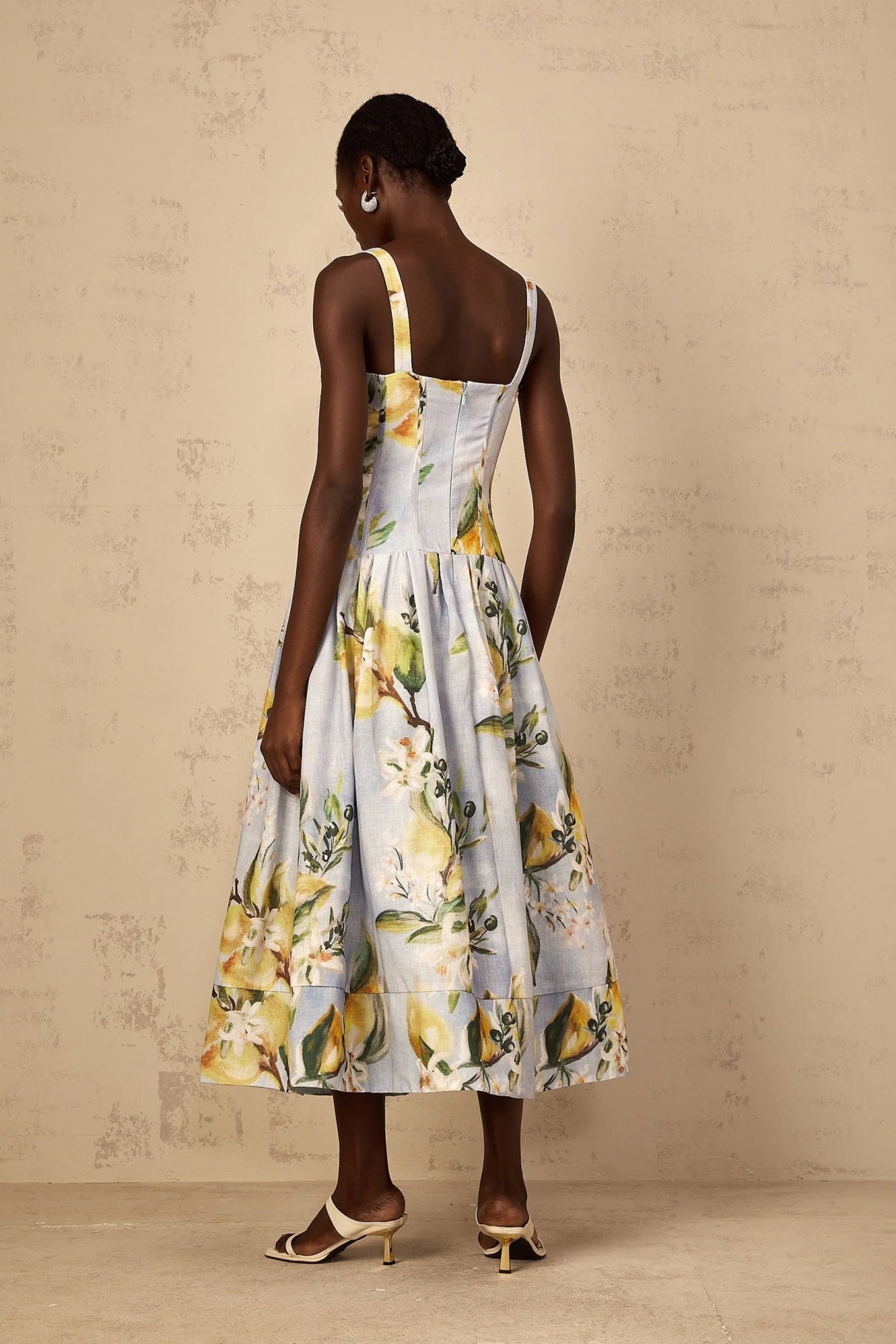 Simonetta Midi Dress Blue Floral Shirred Panel Zip Fastening