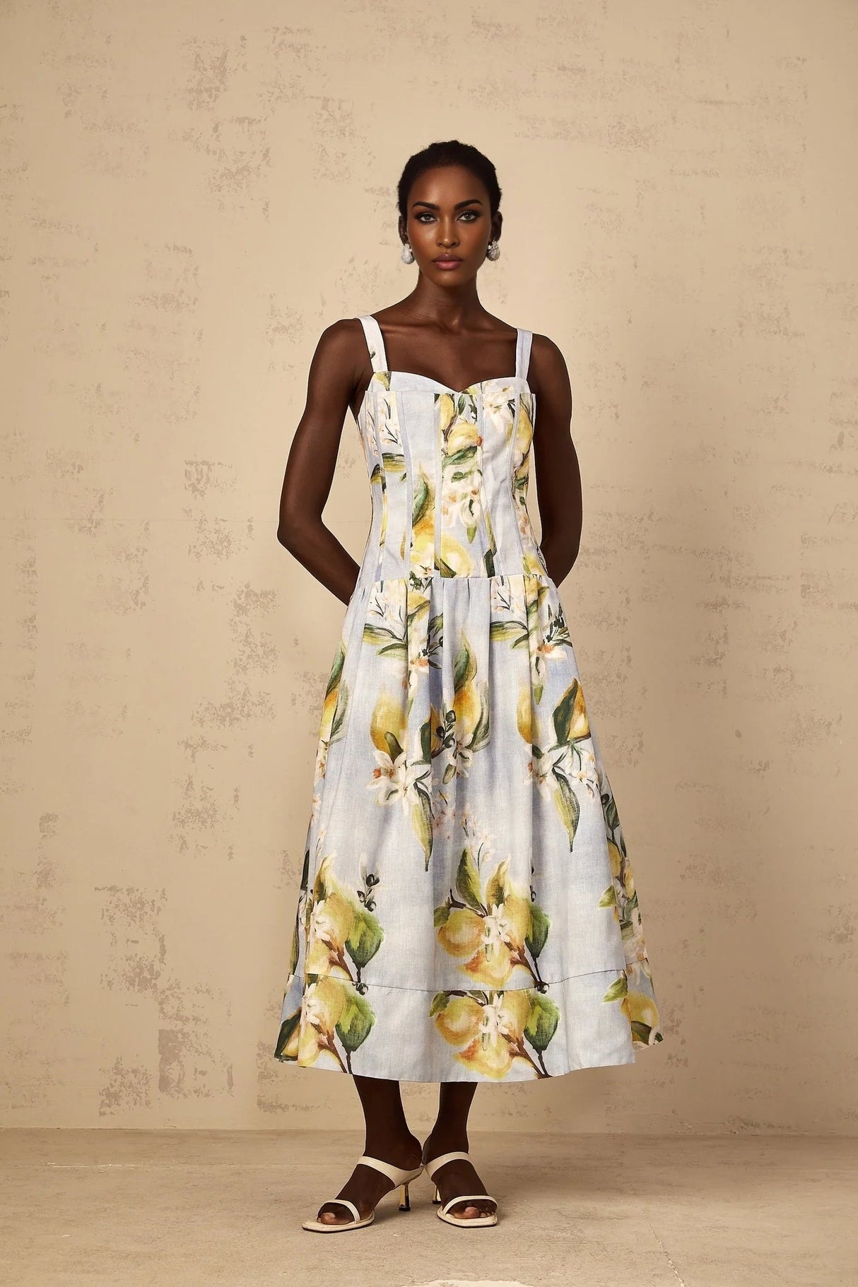 Simonetta Midi Dress Blue Floral Shirred Panel Zip Fastening