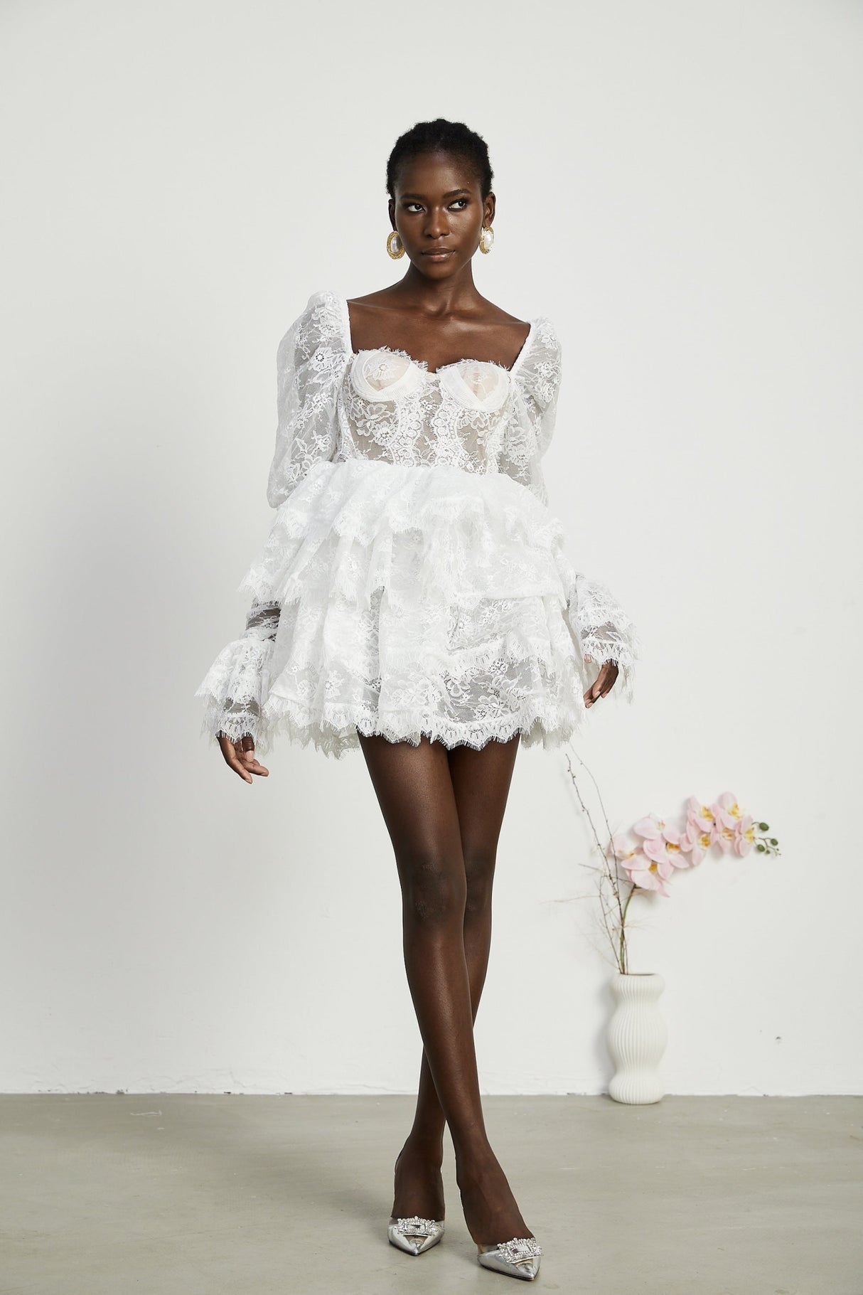 Simonetta Mini Dress Simonetta Lace Trim Puff Sleeve White Flounce