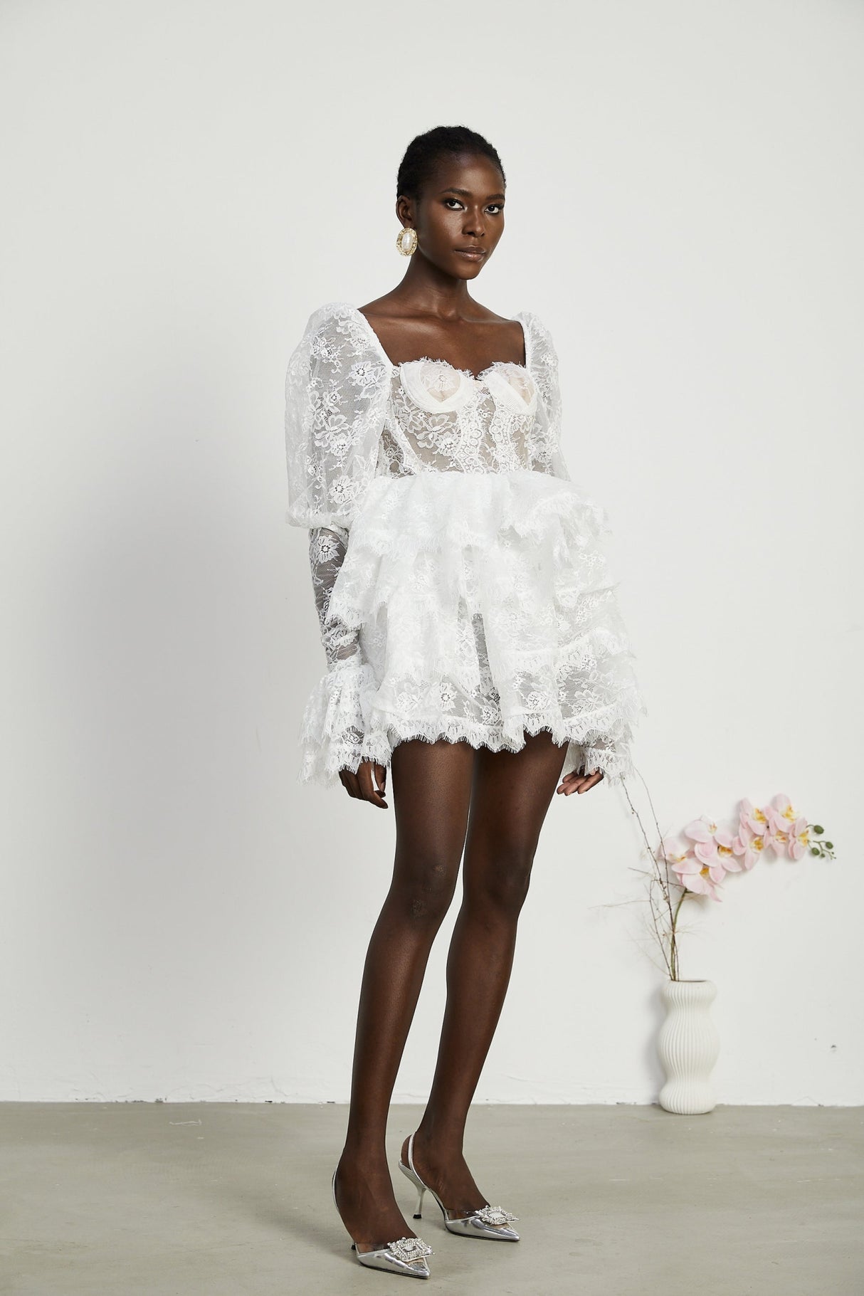 Simonetta Mini Dress Simonetta Lace Trim Puff Sleeve White Flounce