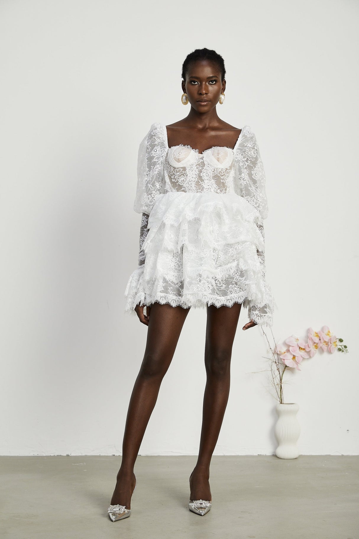 Simonetta Mini Dress Simonetta Lace Trim Puff Sleeve White Flounce