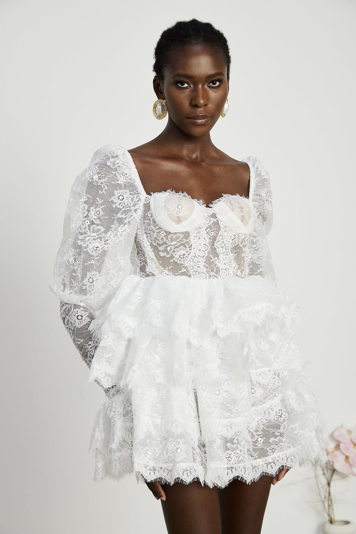 Simonetta Mini Dress Simonetta Lace Trim Puff Sleeve White Flounce