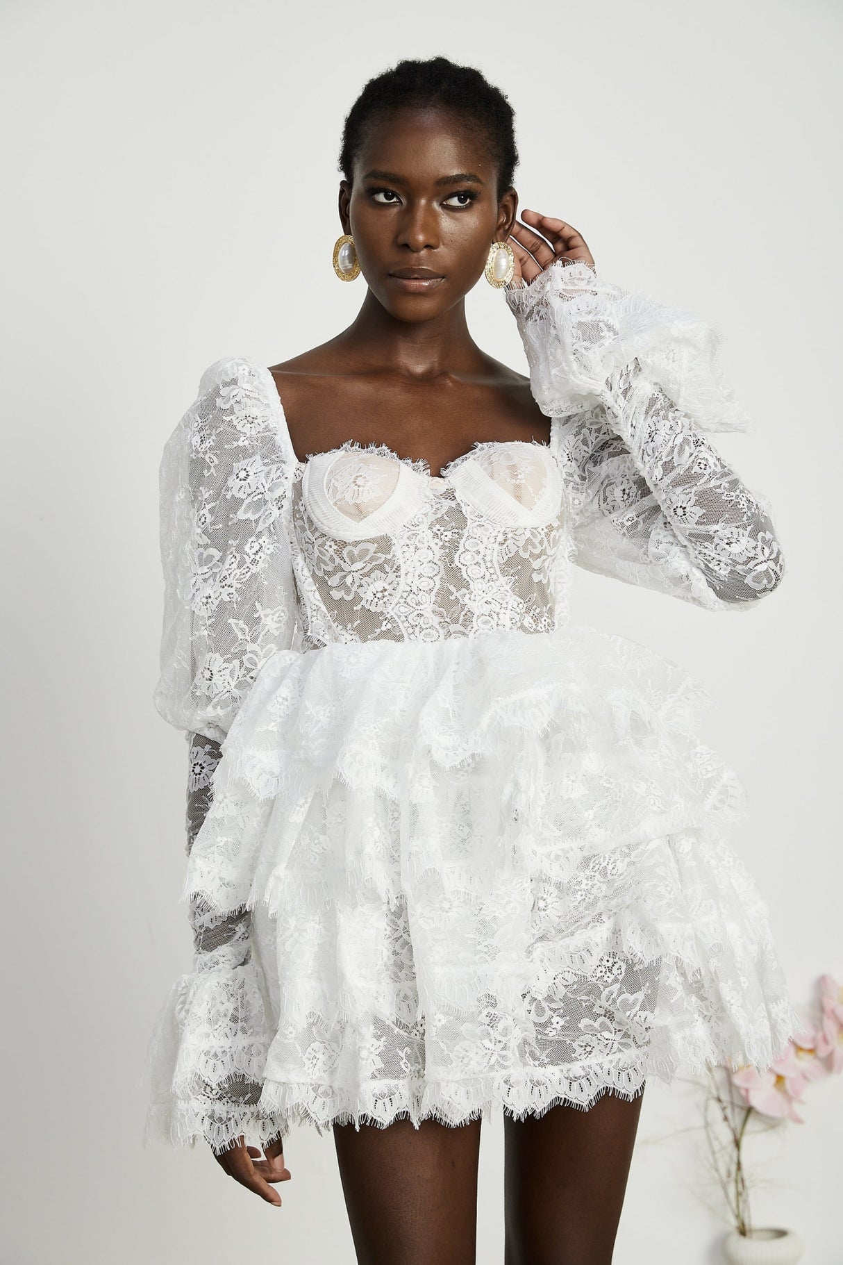 Simonetta Mini Dress Simonetta Lace Trim Puff Sleeve White Flounce