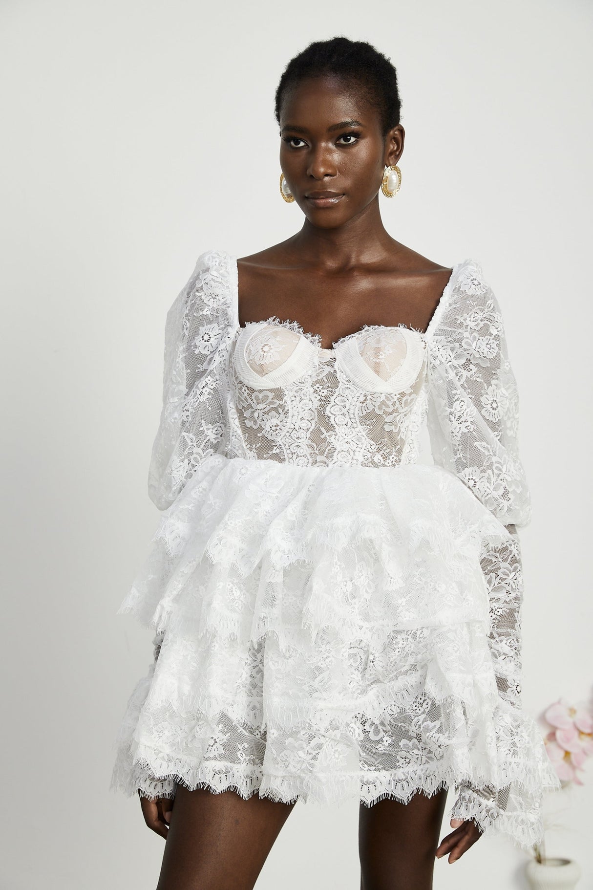 Simonetta Mini Dress Simonetta Lace Trim Puff Sleeve White Flounce