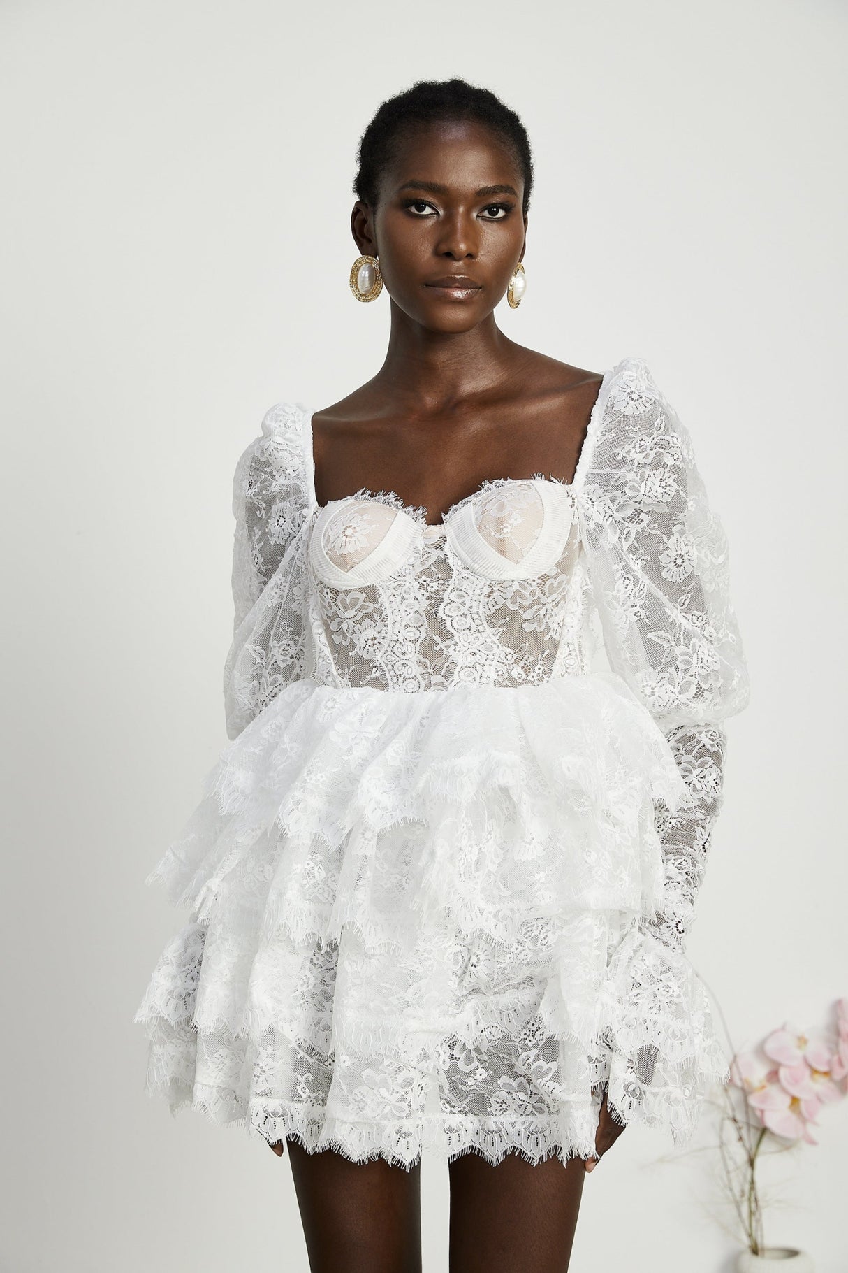 Simonetta Mini Dress Simonetta Lace Trim Puff Sleeve White Flounce