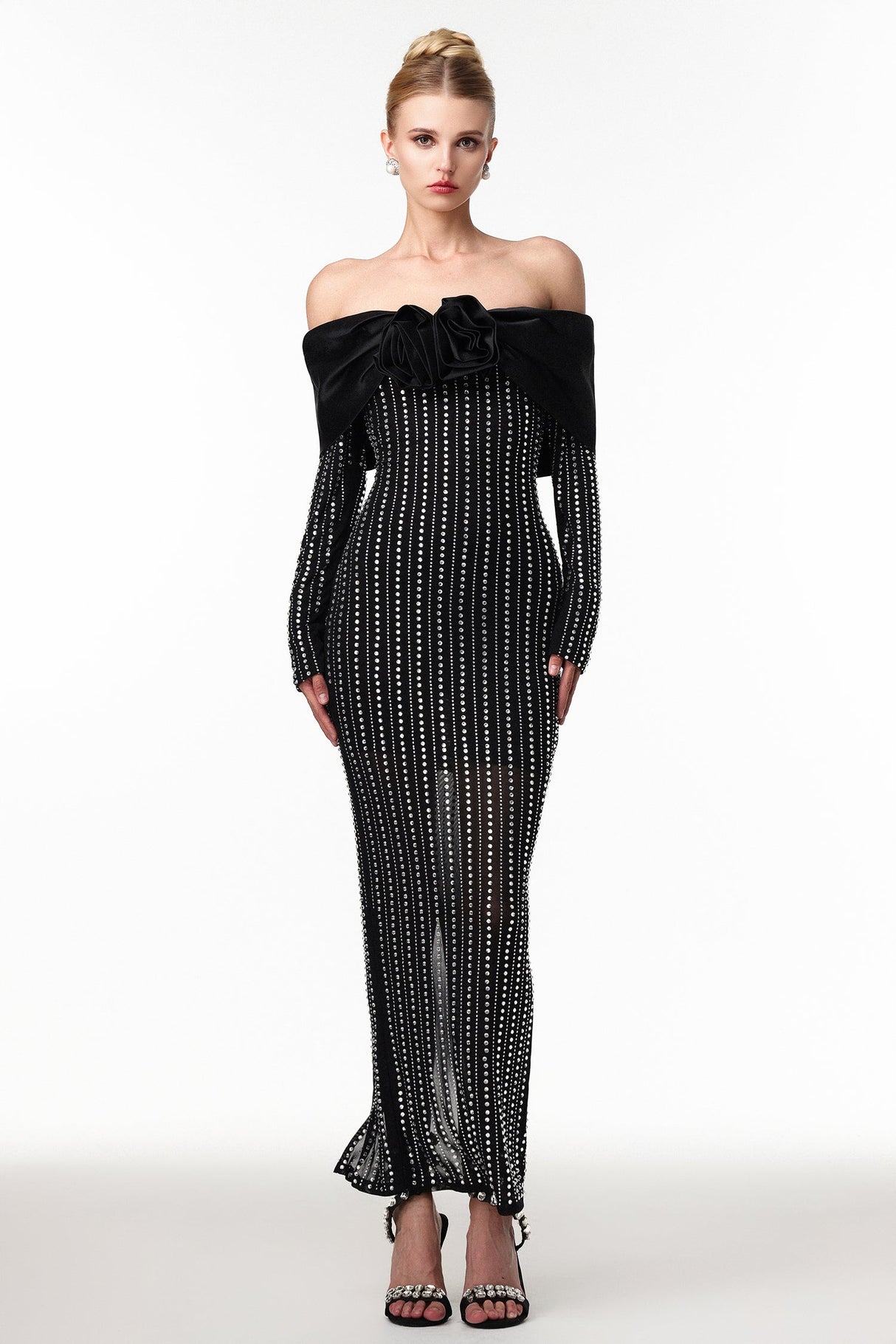 Skye Black Off-Shoulder Maxi Dress with Crystal Embellishments and Floral Mesh Design