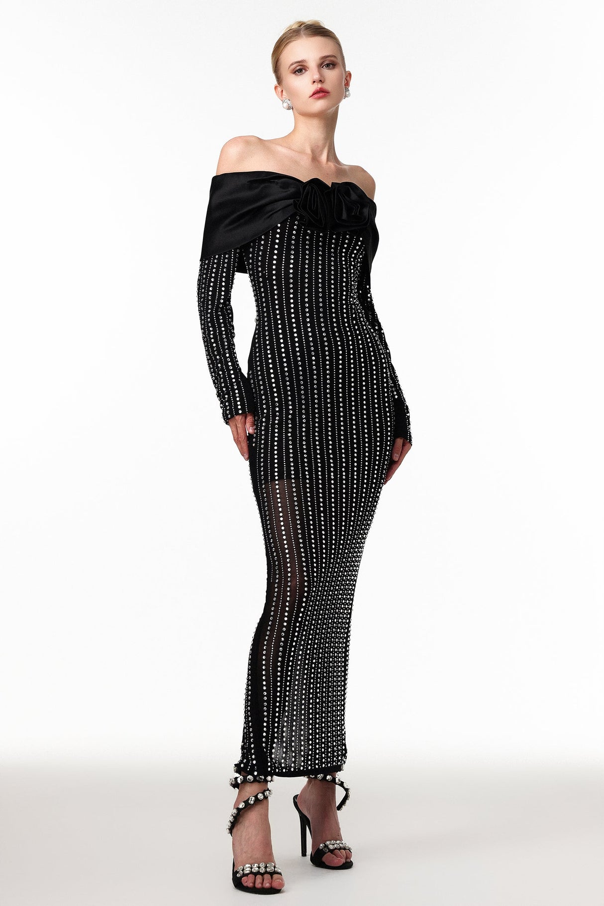 Skye Black Off-Shoulder Maxi Dress with Crystal Embellishments and Floral Mesh Design