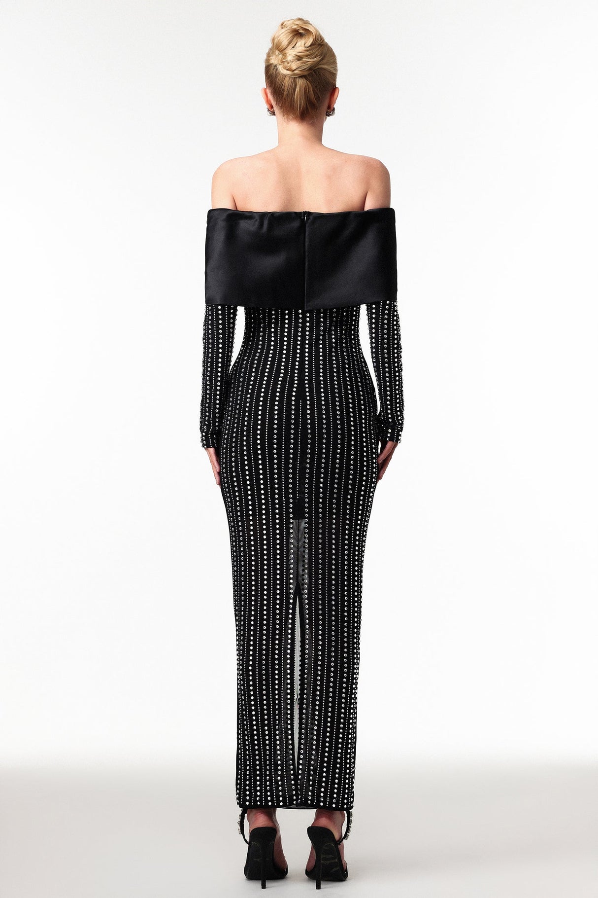 Skye Black Off-Shoulder Maxi Dress with Crystal Embellishments and Floral Mesh Design
