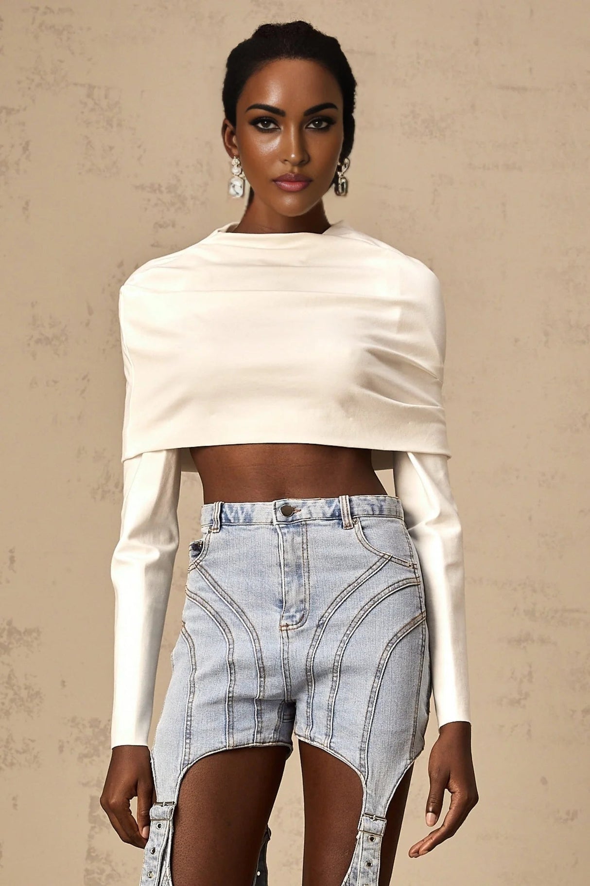 Skye Cropped Top White Ruched Off - shoulder Long Sleeves