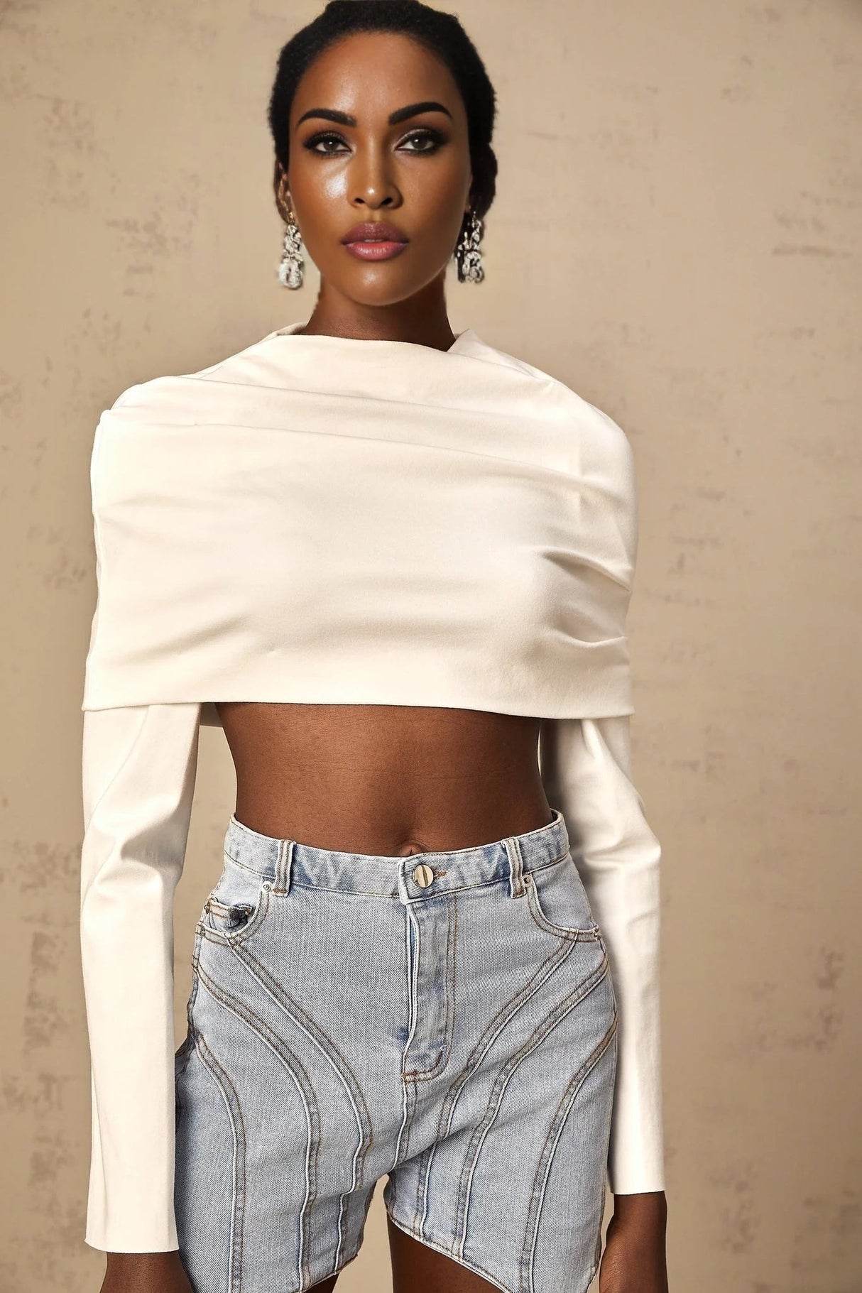 Skye Cropped Top White Ruched Off - shoulder Long Sleeves