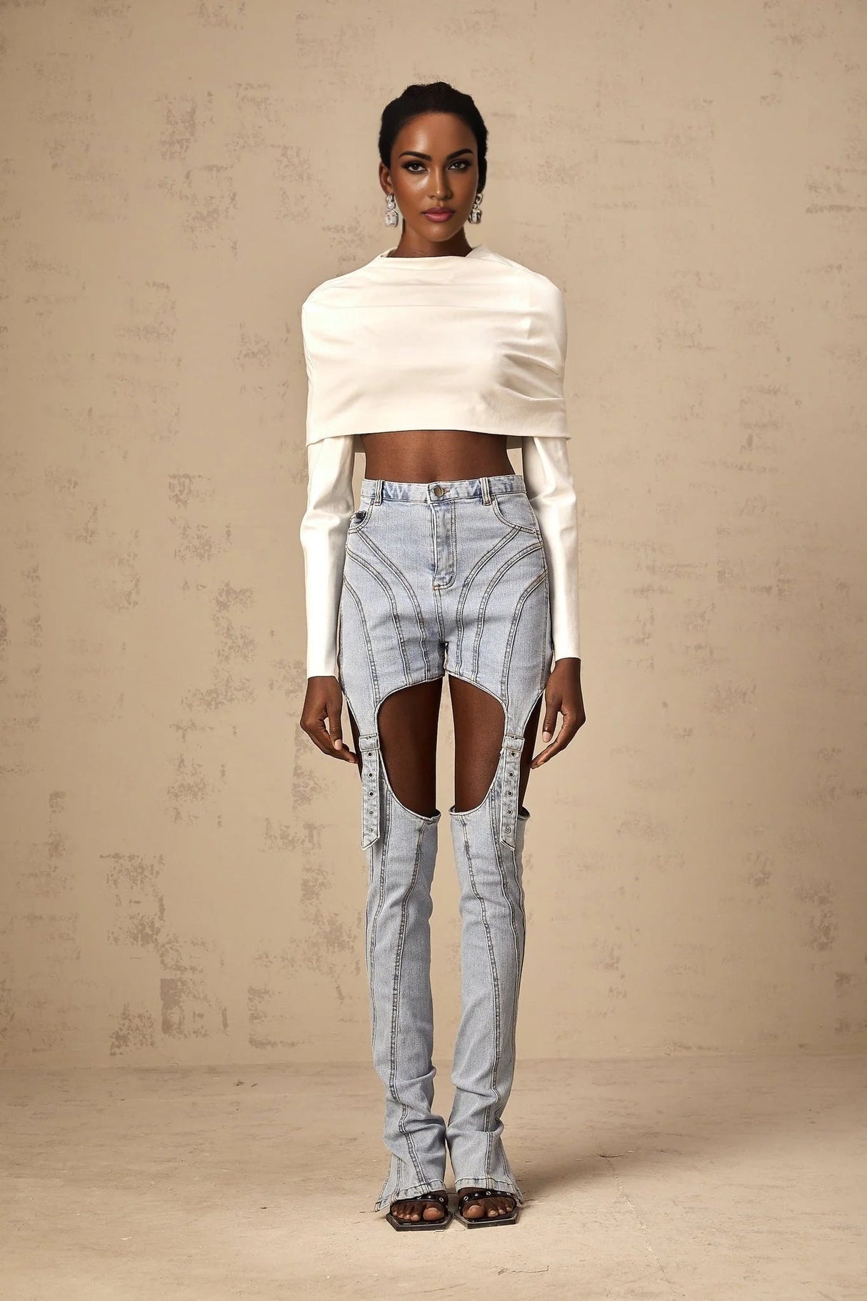 Skye Cropped Top White Ruched Off - shoulder Long Sleeves