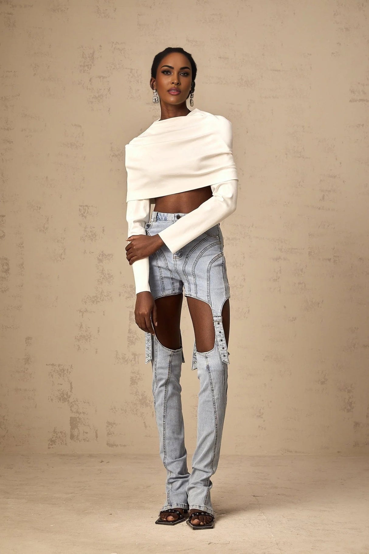 Skye Cropped Top White Ruched Off - shoulder Long Sleeves