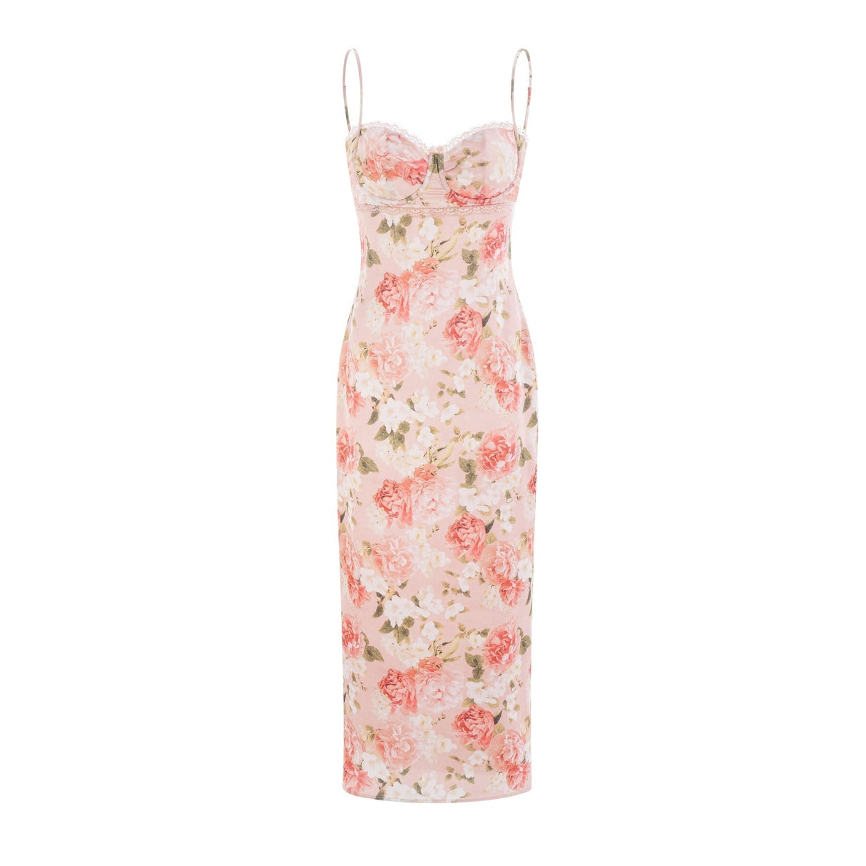 Skye Floral Maxi Dress in Pink Satin with Spaghetti Straps and Rear Slit