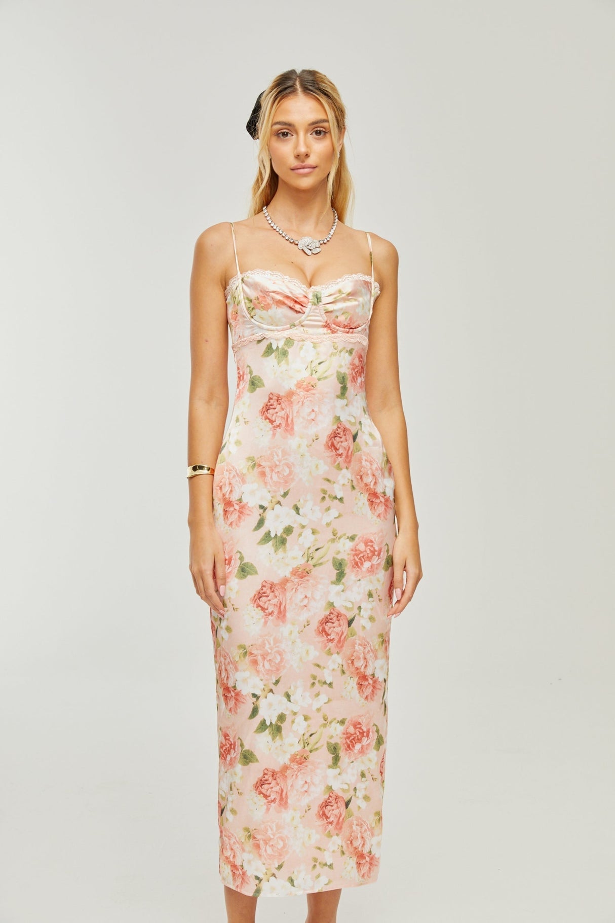 Skye Floral Maxi Dress in Pink Satin with Spaghetti Straps and Rear Slit