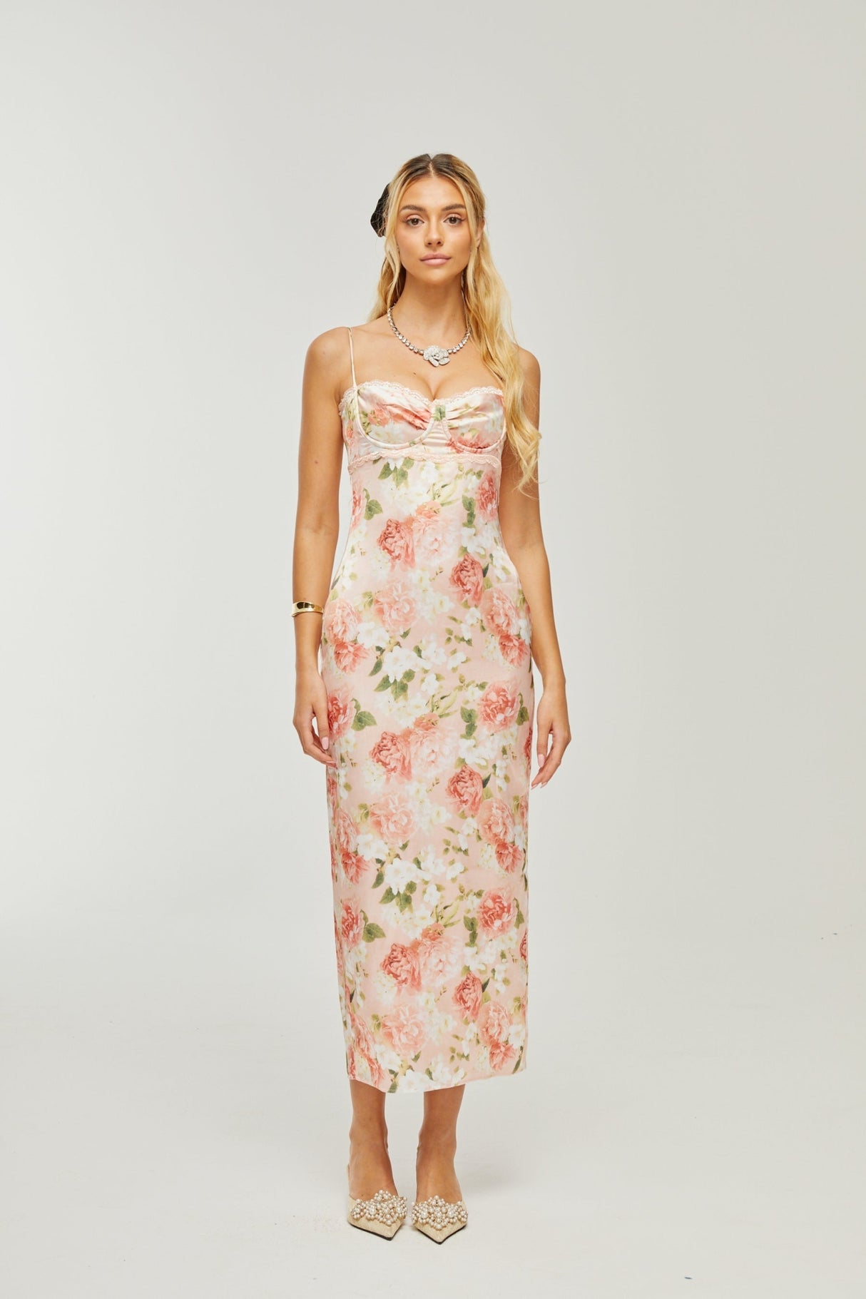 Skye Floral Maxi Dress in Pink Satin with Spaghetti Straps and Rear Slit