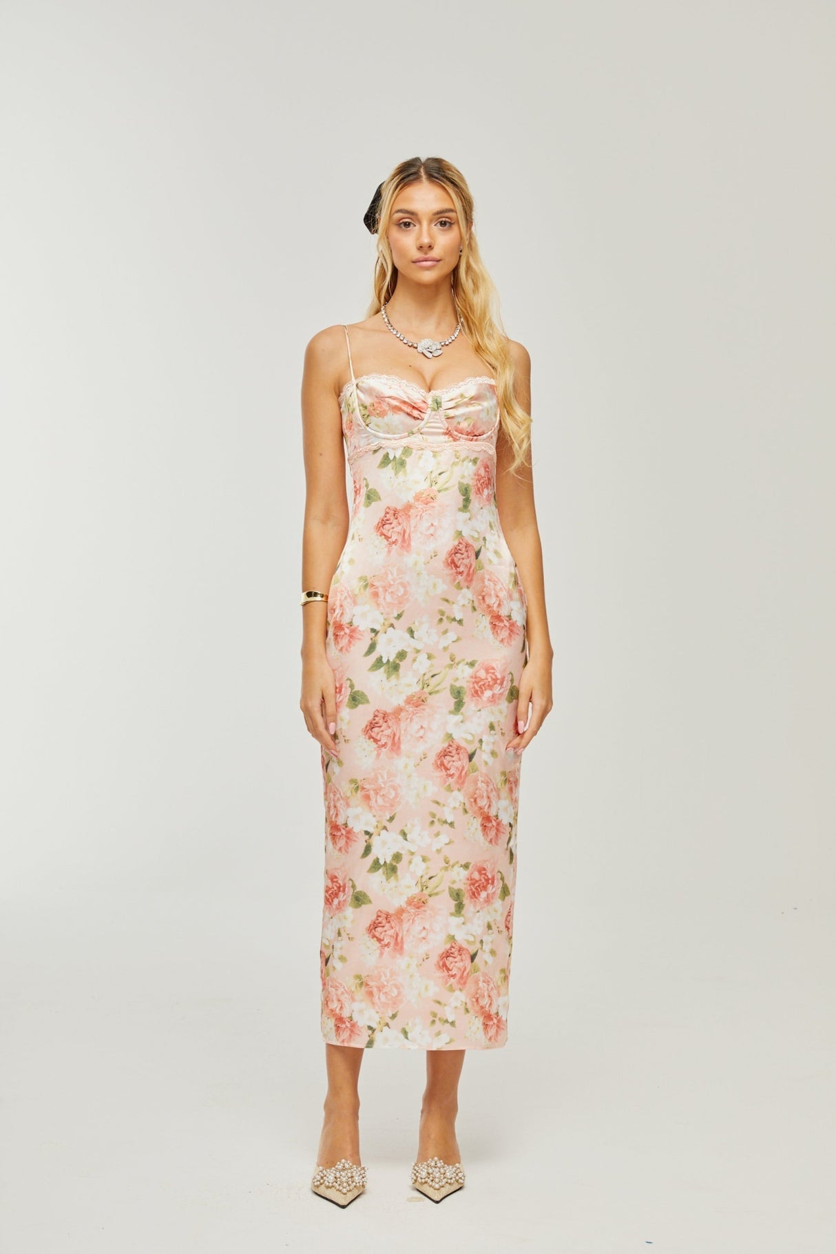 Skye Floral Maxi Dress in Pink Satin with Spaghetti Straps and Rear Slit