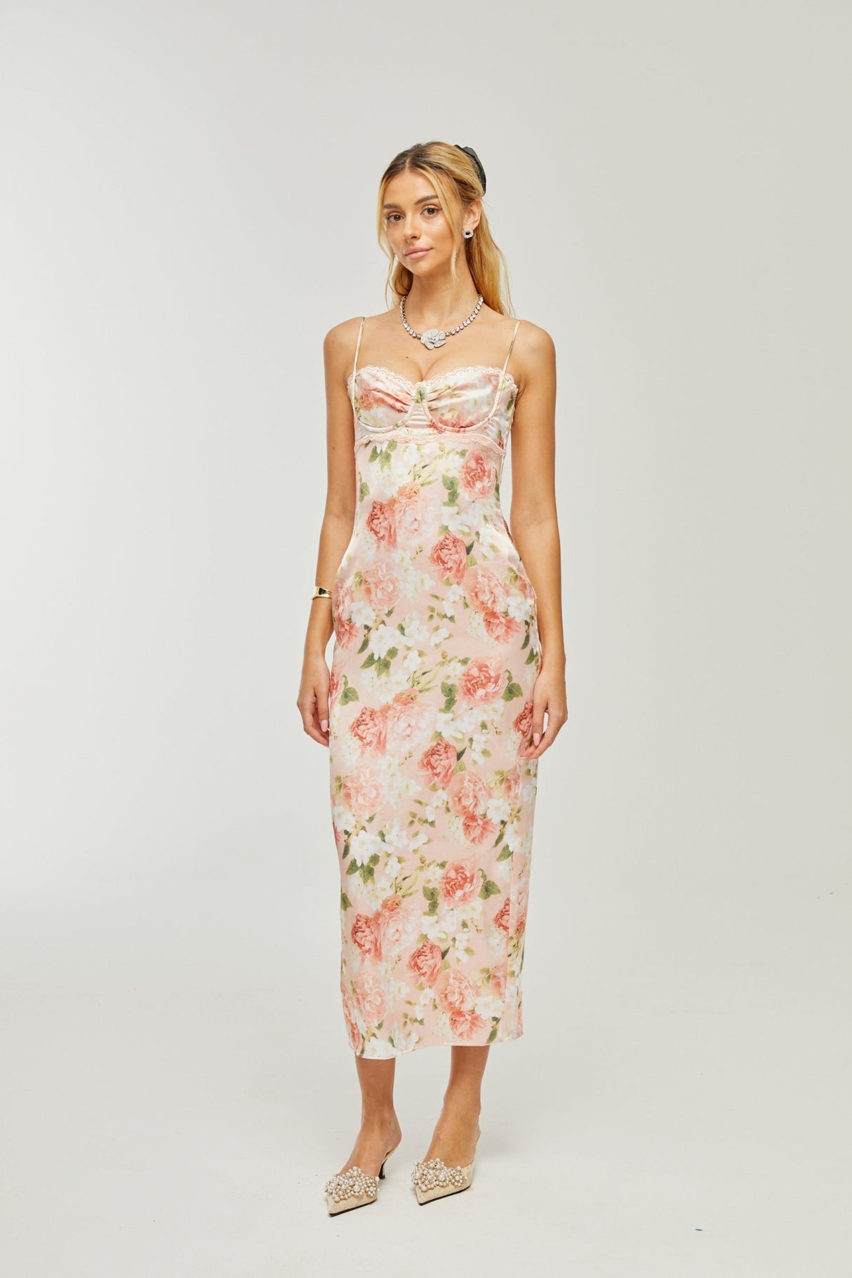Skye Floral Maxi Dress in Pink Satin with Spaghetti Straps and Rear Slit