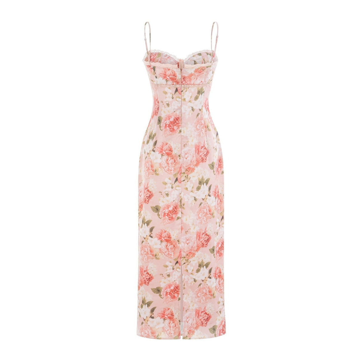 Skye Floral Maxi Dress in Pink Satin with Spaghetti Straps and Rear Slit