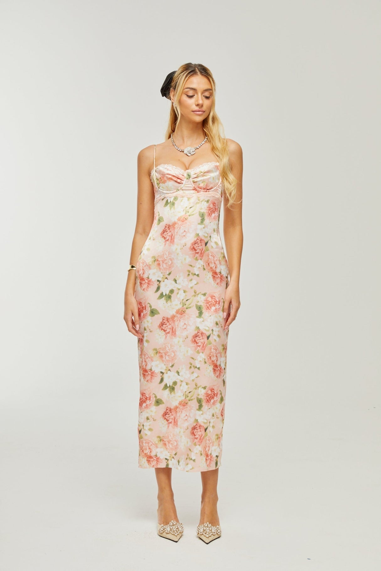 Skye Floral Maxi Dress in Pink Satin with Spaghetti Straps and Rear Slit